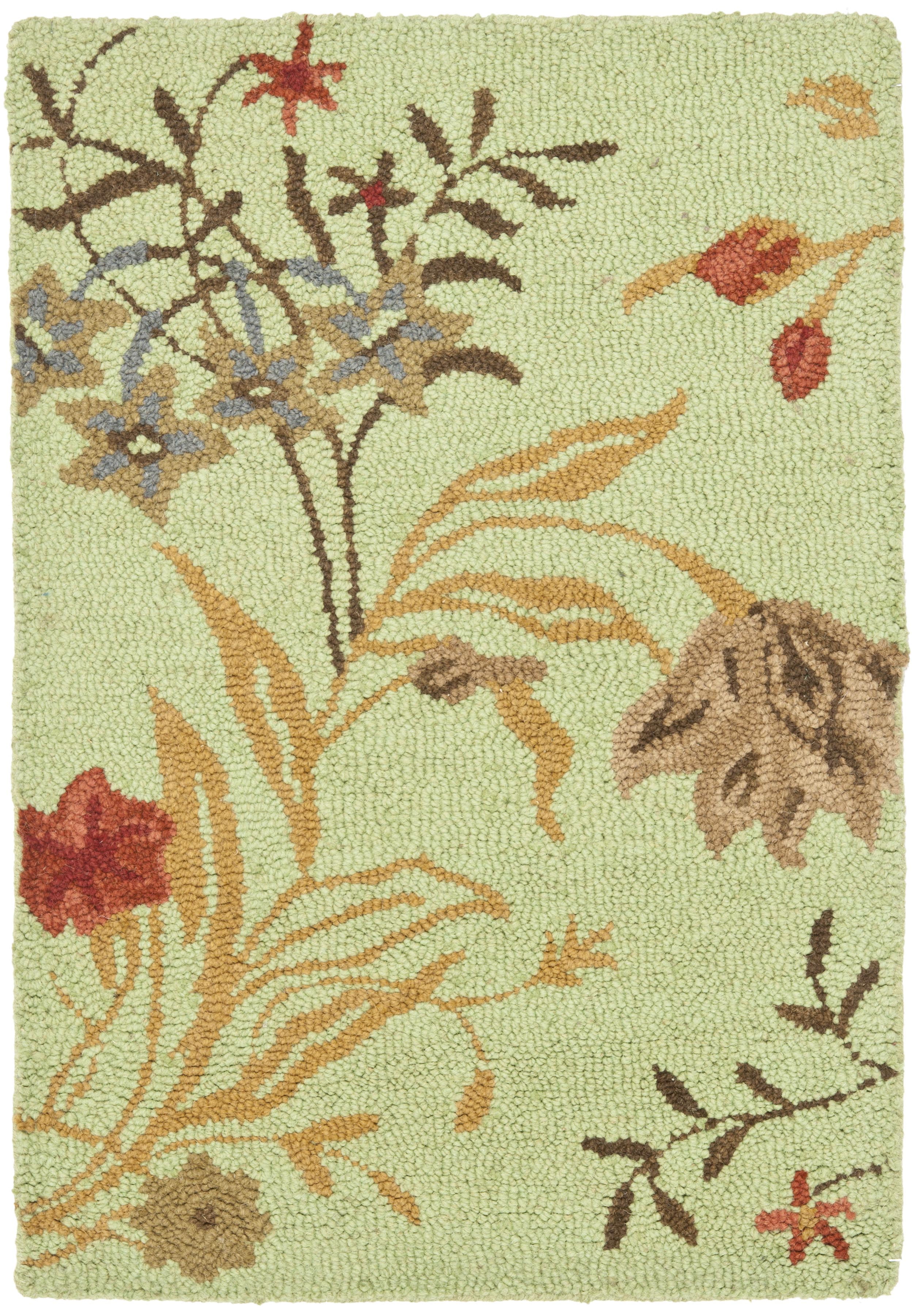 Light Green Floral Hand-Knotted Wool Area Rug 2' x 3'