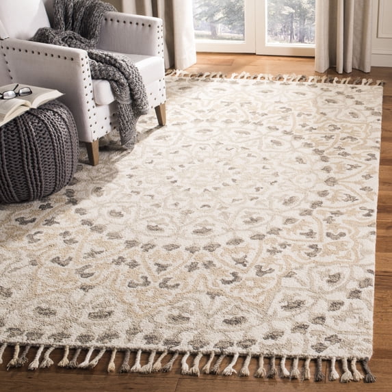 SAFAVIEH Blossom Kelvin Abstract Wool Fringed Area Rug, Ivory/Taupe, 5' x 8'