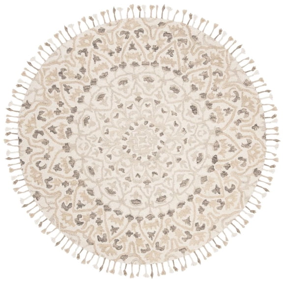 SAFAVIEH Blossom Kelvin Abstract Wool Fringed Area Rug, Ivory/Taupe, 6' x 6' Round