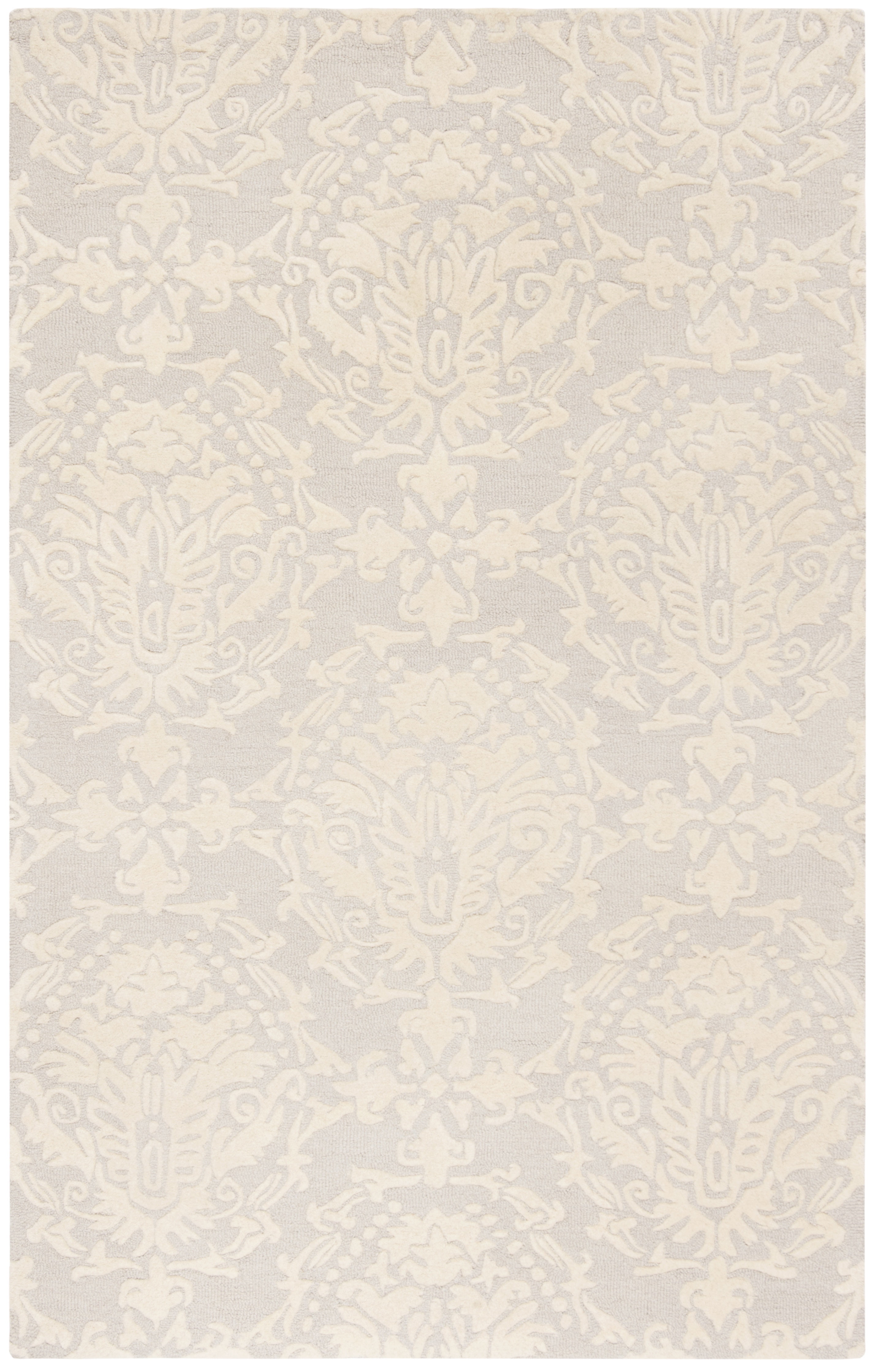 Light Grey and Ivory Floral Wool Tufted Area Rug 5' x 8'