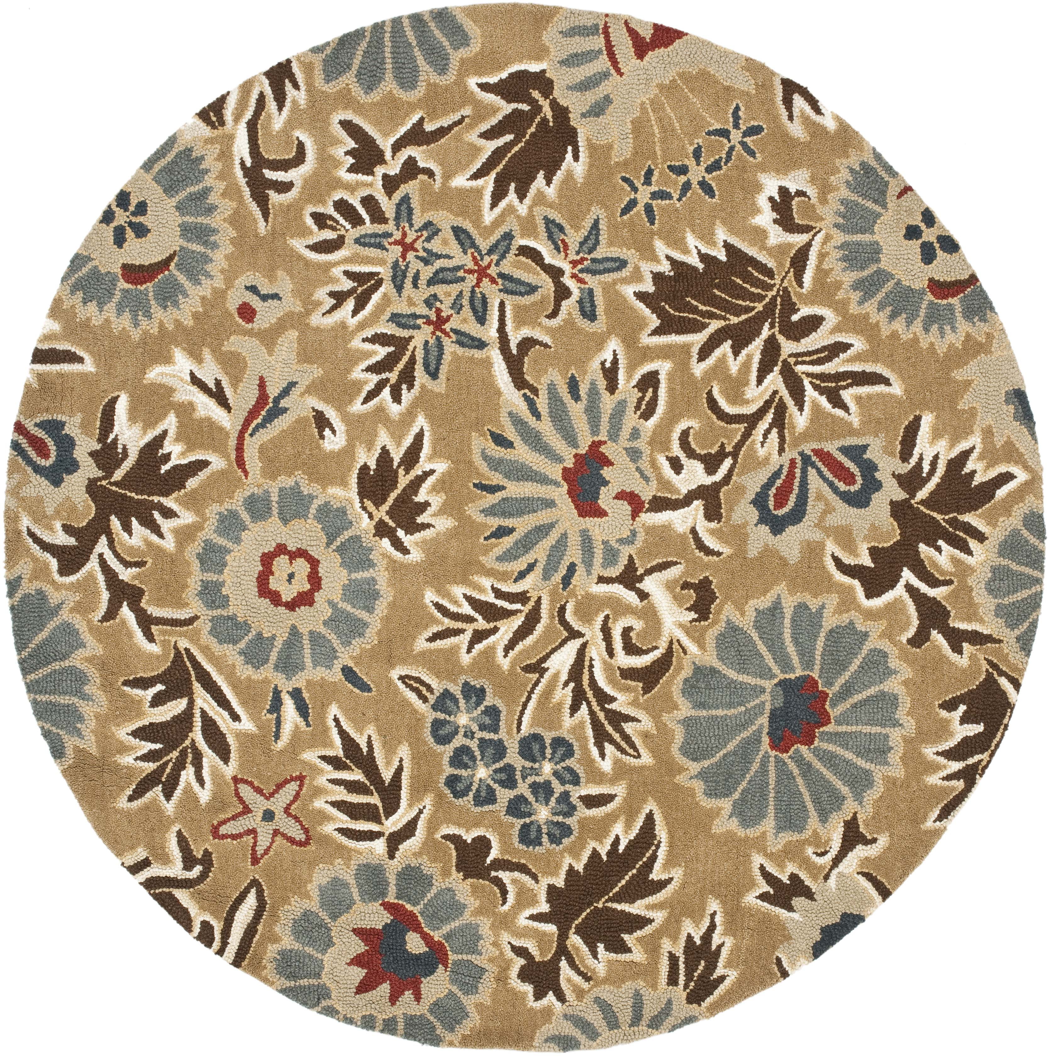 Elegant Hand-Knotted Wool Floral Round Rug in Beige/Multi, 4' Diameter