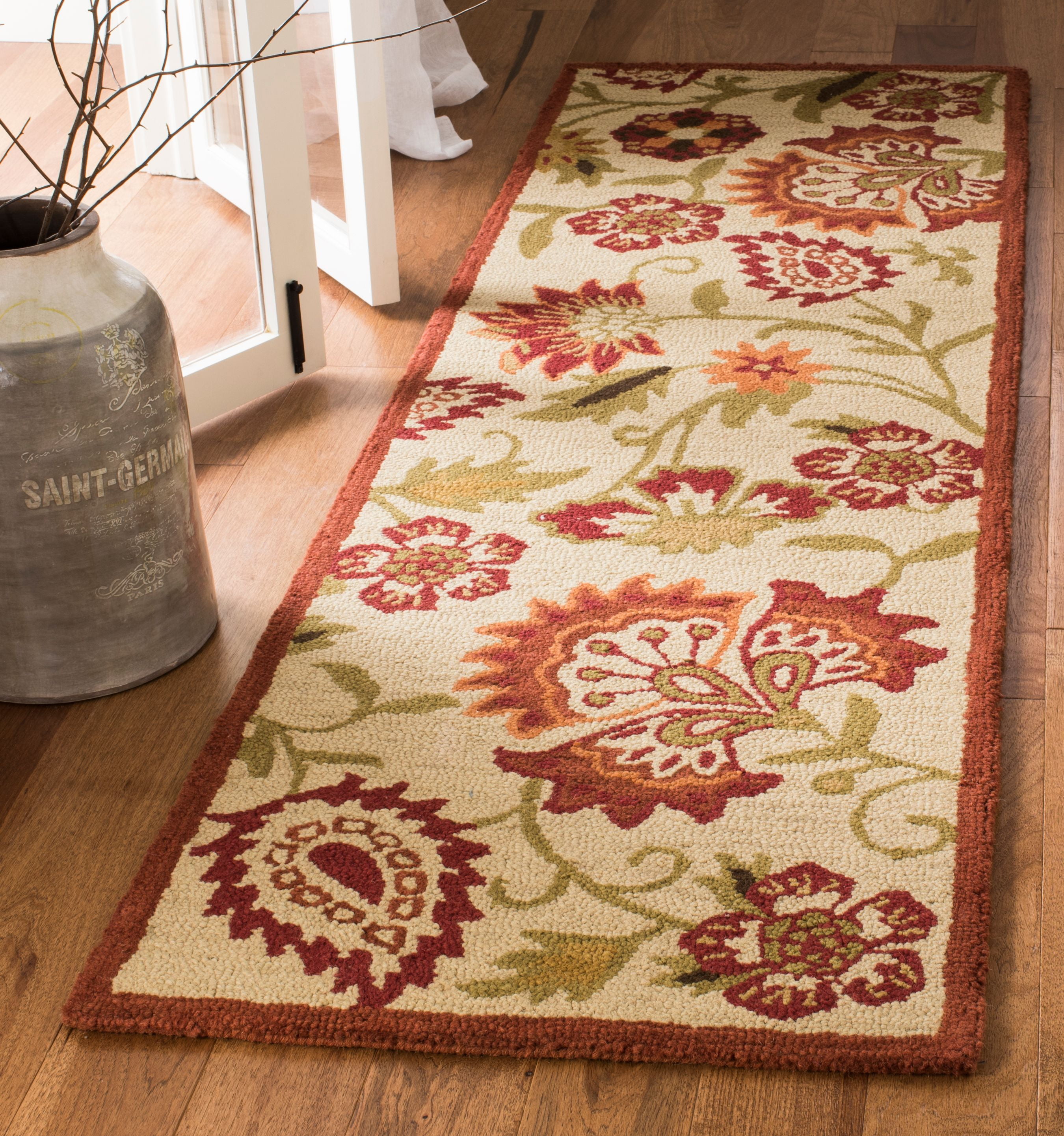 Ivory and Red Floral Wool Runner Rug
