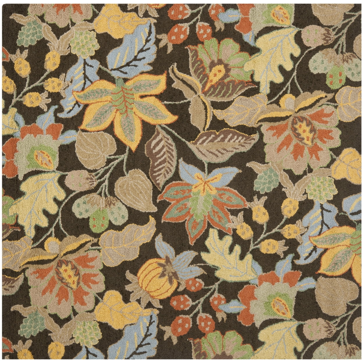 Handmade Black Floral Wool 6' x 6' Square Rug