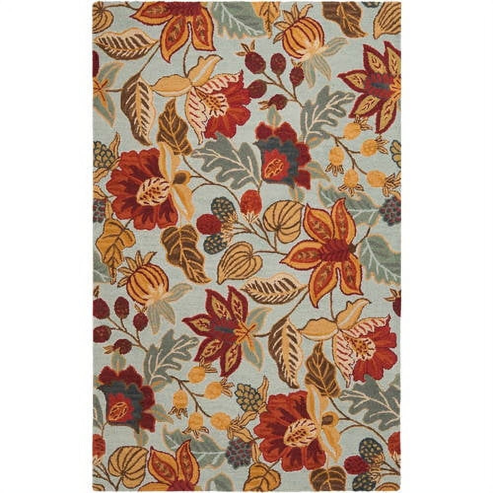 Blue Floral Hand-Knotted Wool 6' x 9' Area Rug