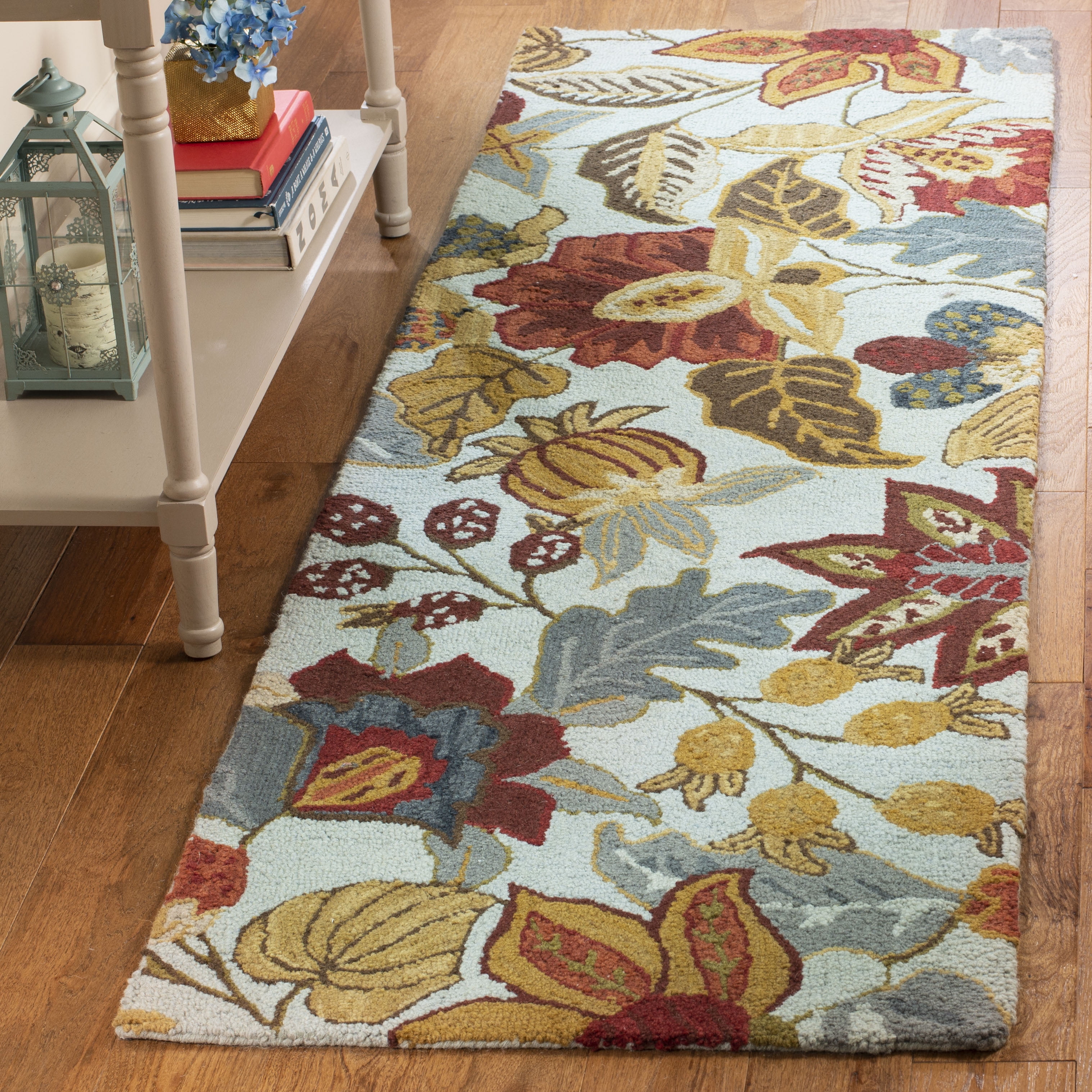 Blossom Blue and Multicolor Wool Floral Runner Rug, 2'3" x 10'