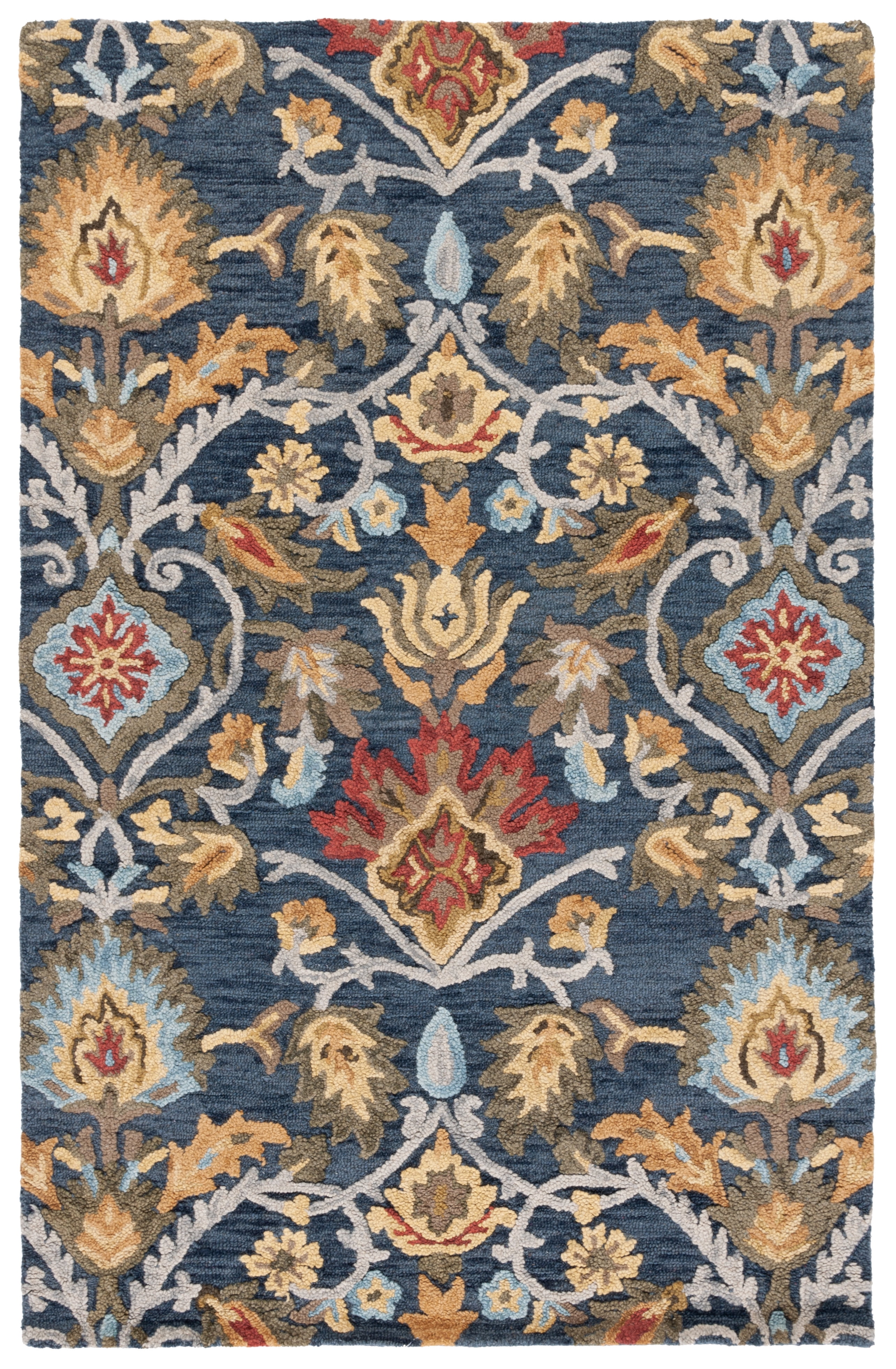 Navy and Multicolor Floral Wool 6' x 9' Area Rug