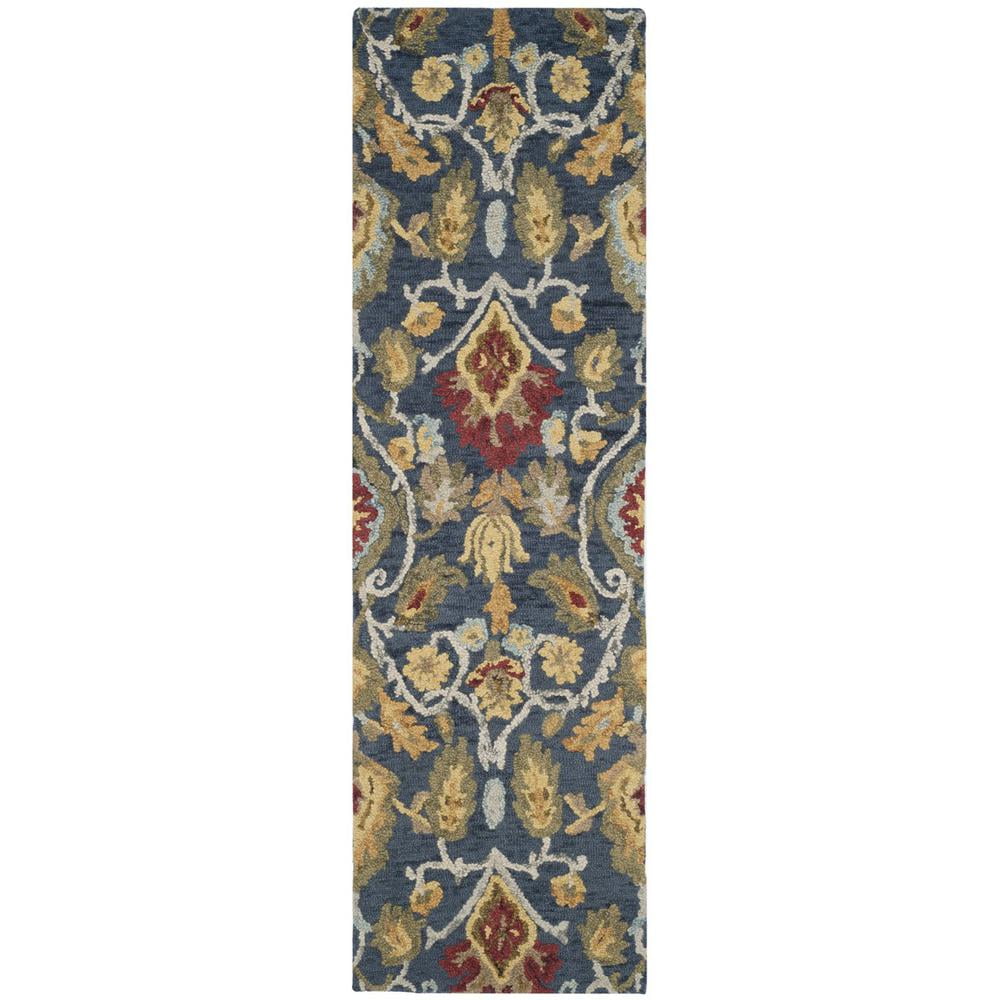 Handmade Navy Wool Runner Rug with Floral Pattern