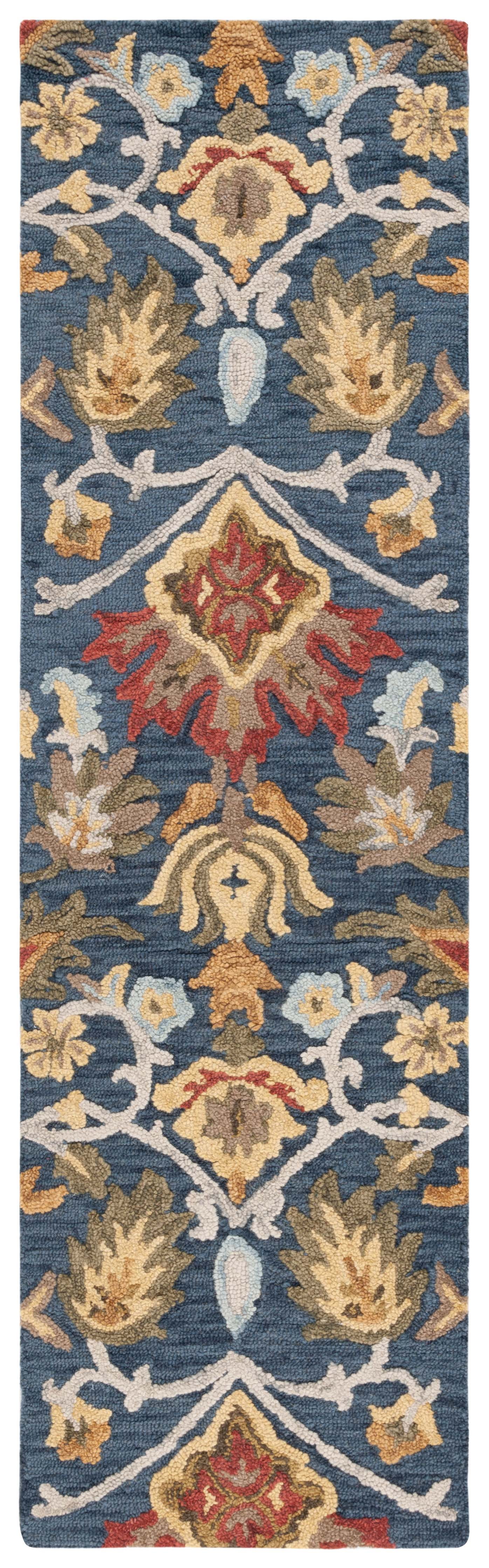 Navy and Multicolor Handmade Wool Floral Runner Rug
