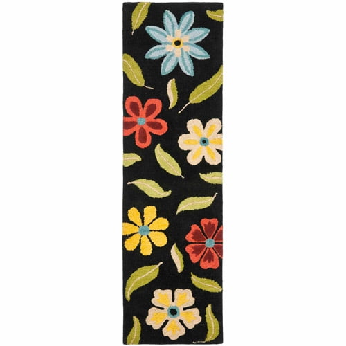 Handmade Black Floral Wool Runner Rug 2'3" x 6'