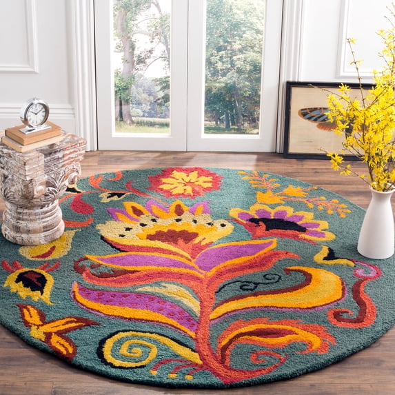 SAFAVIEH Blossom Mary Floral Flames Wool Area Rug, Blue/Multi, 4' x 4' Round