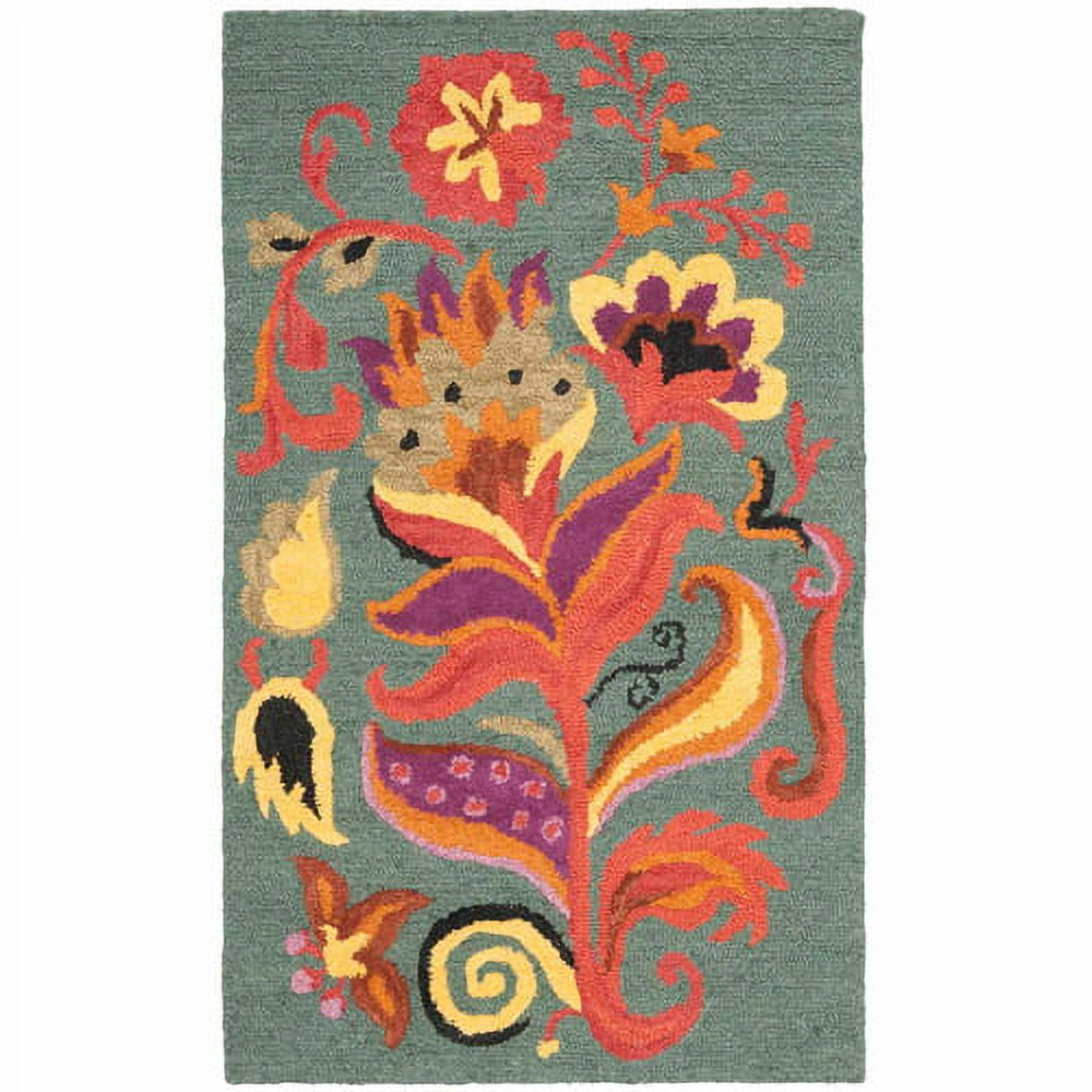 Handmade Blue Floral Wool Rectangular Area Rug 4' x 6'