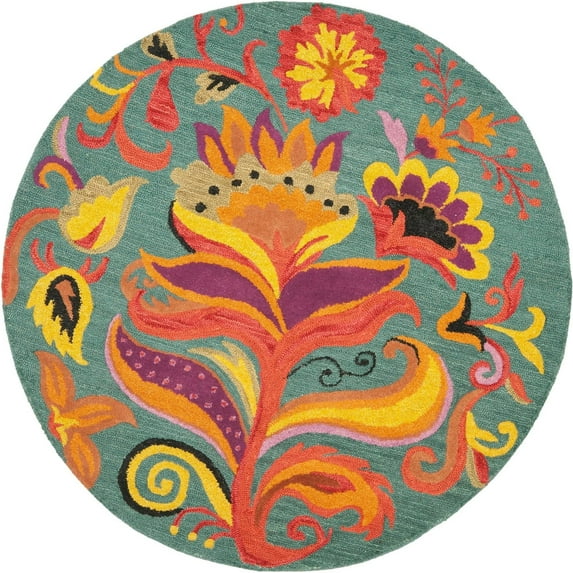 SAFAVIEH Blossom Mary Floral Wool Area Rug, Blue/Multi, 6' x 6' Round