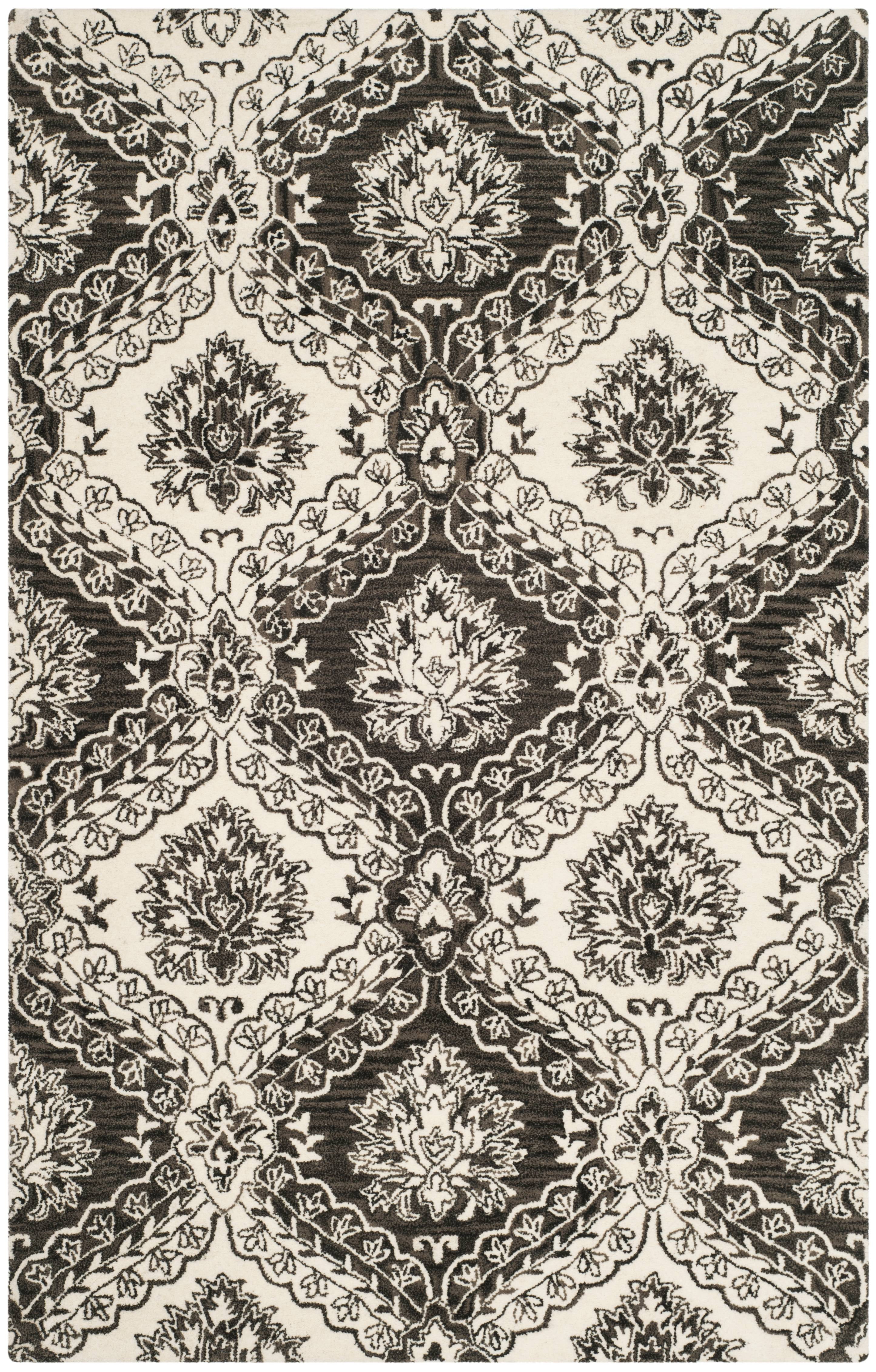 Charcoal and Ivory Floral Handmade Wool 4' x 6' Rug