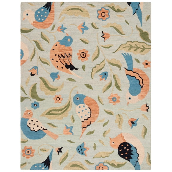 SAFAVIEH Blossom Megan Flower and Birds Wool Area Rug, Sage/Multi, 8'9" x 12'
