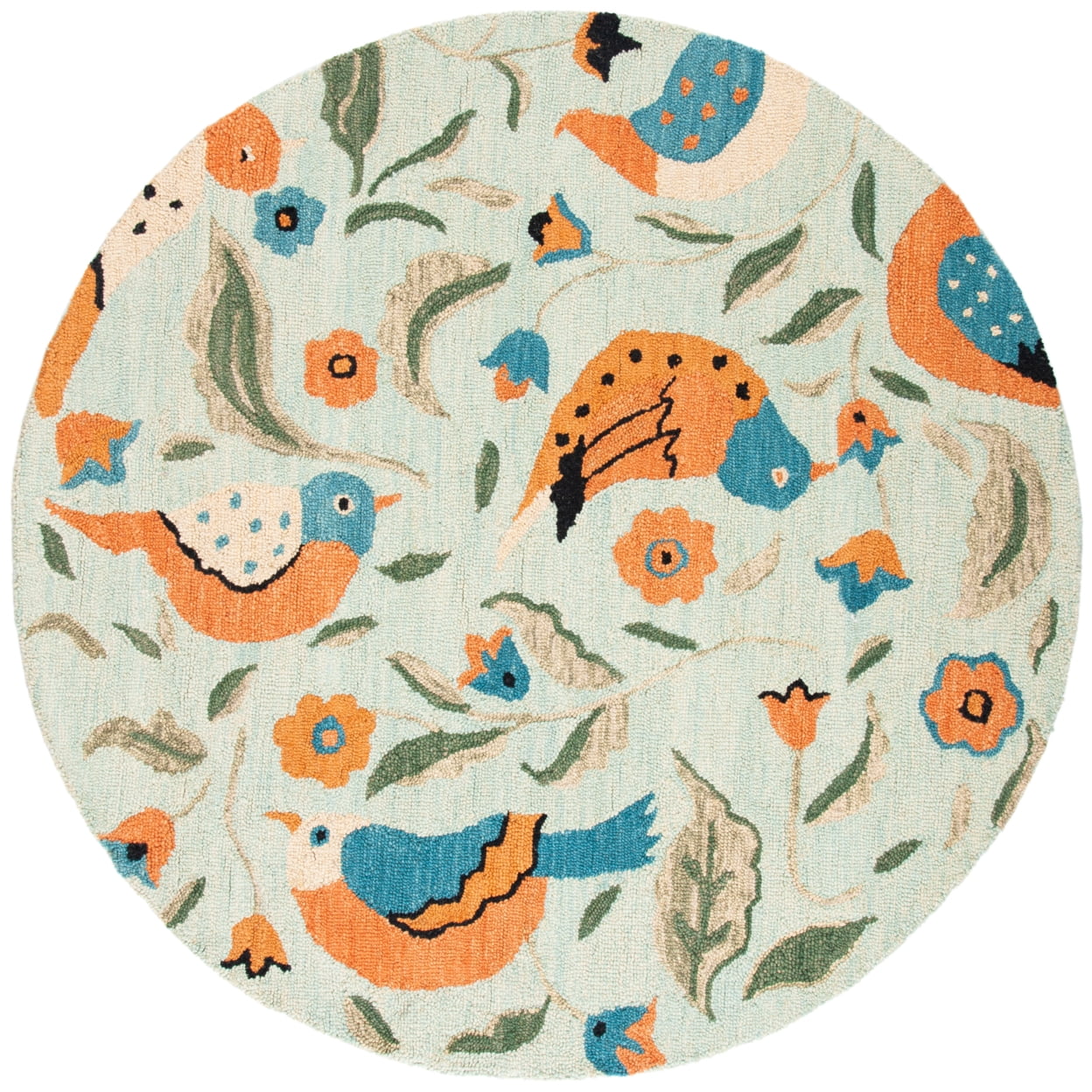 Handmade Round Blue Floral Wool Area Rug