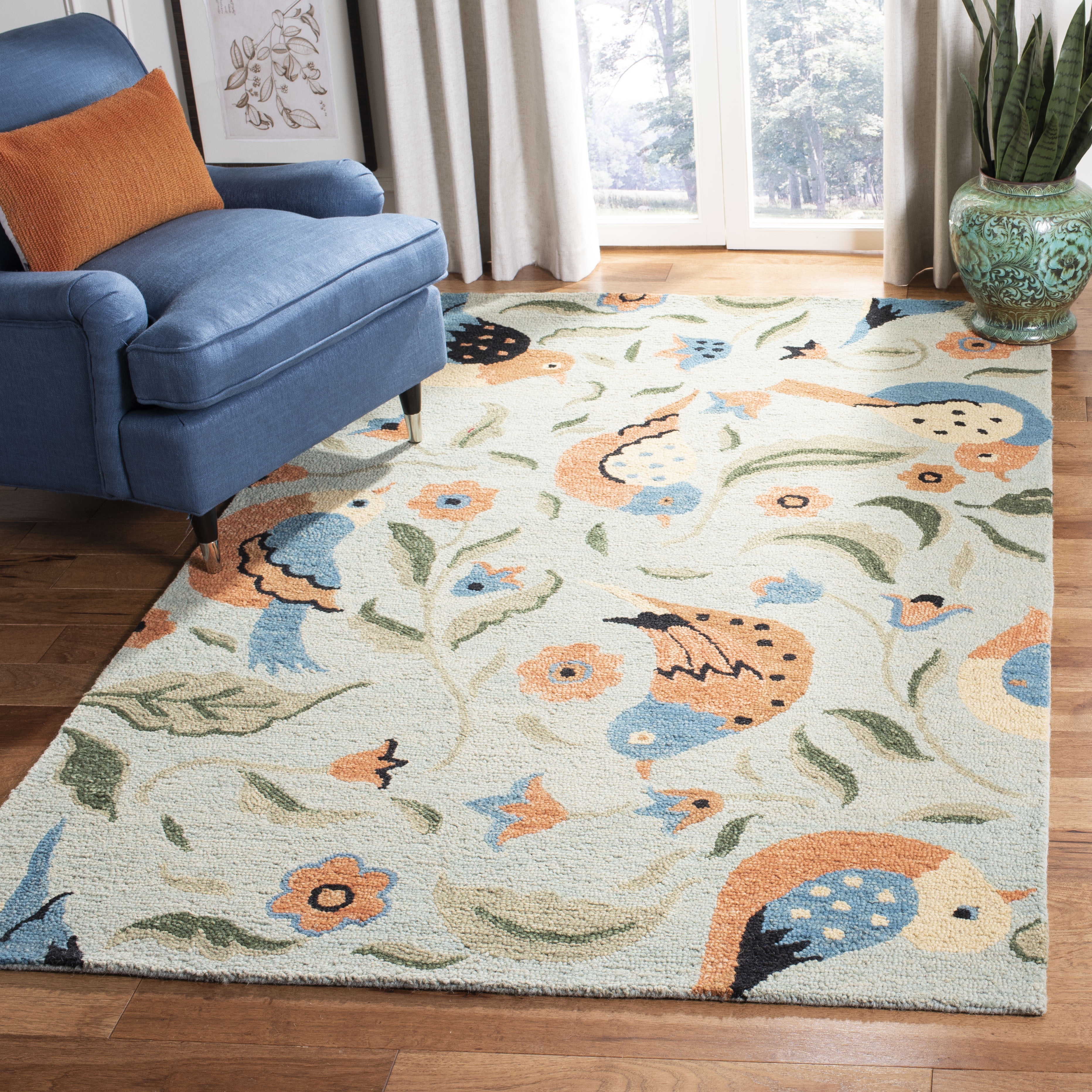 SAFAVIEH Blossom Megan Flower and Birds Wool Area Rug, Sage/Multi, 8' x 8' Square