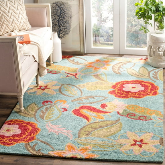 SAFAVIEH Blossom Mia Floral Flowers Wool Area Rug, Blue/Multi, 4' x 6'
