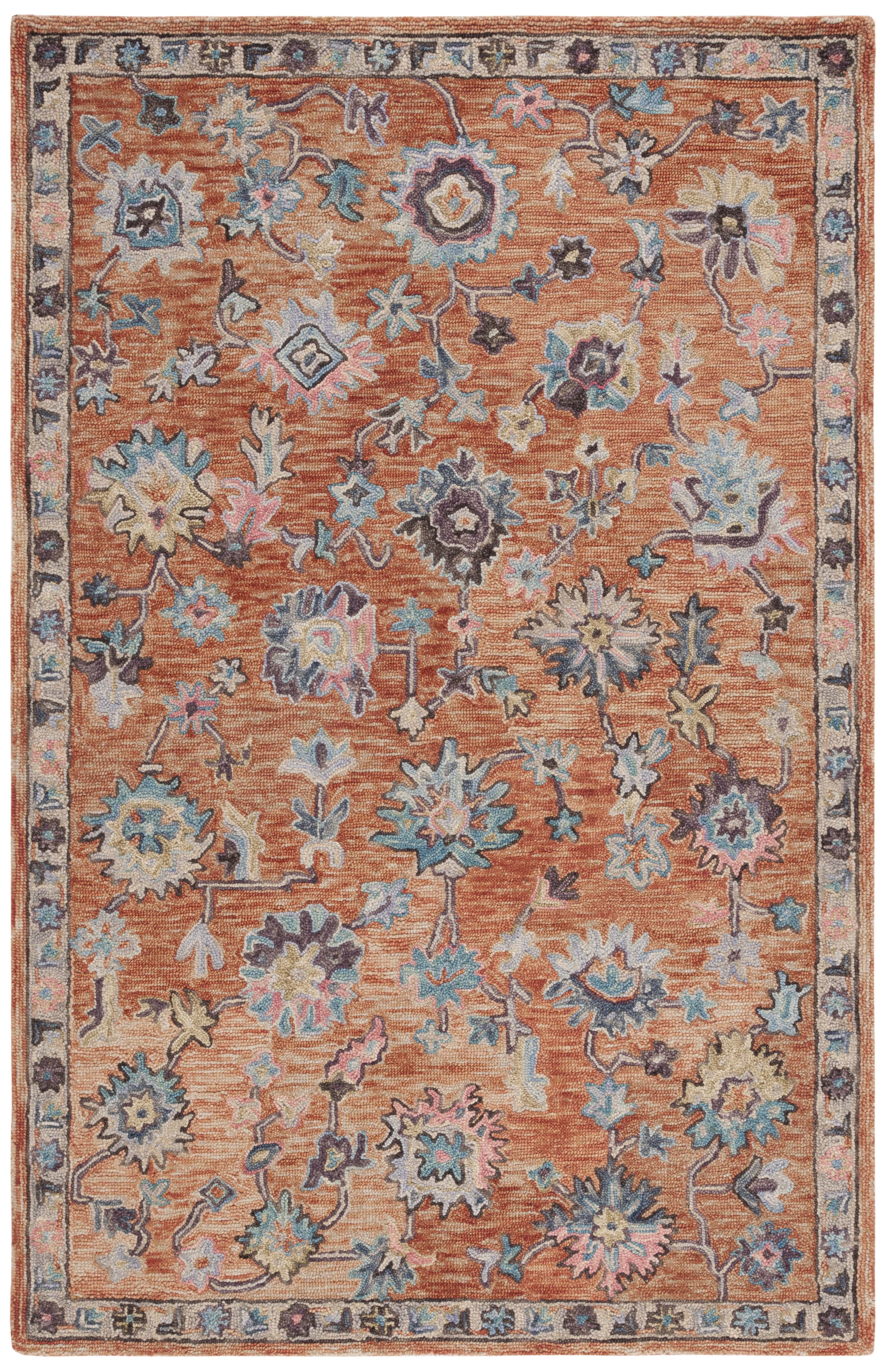 Handmade Blue and Rust Floral Wool 4' x 6' Area Rug