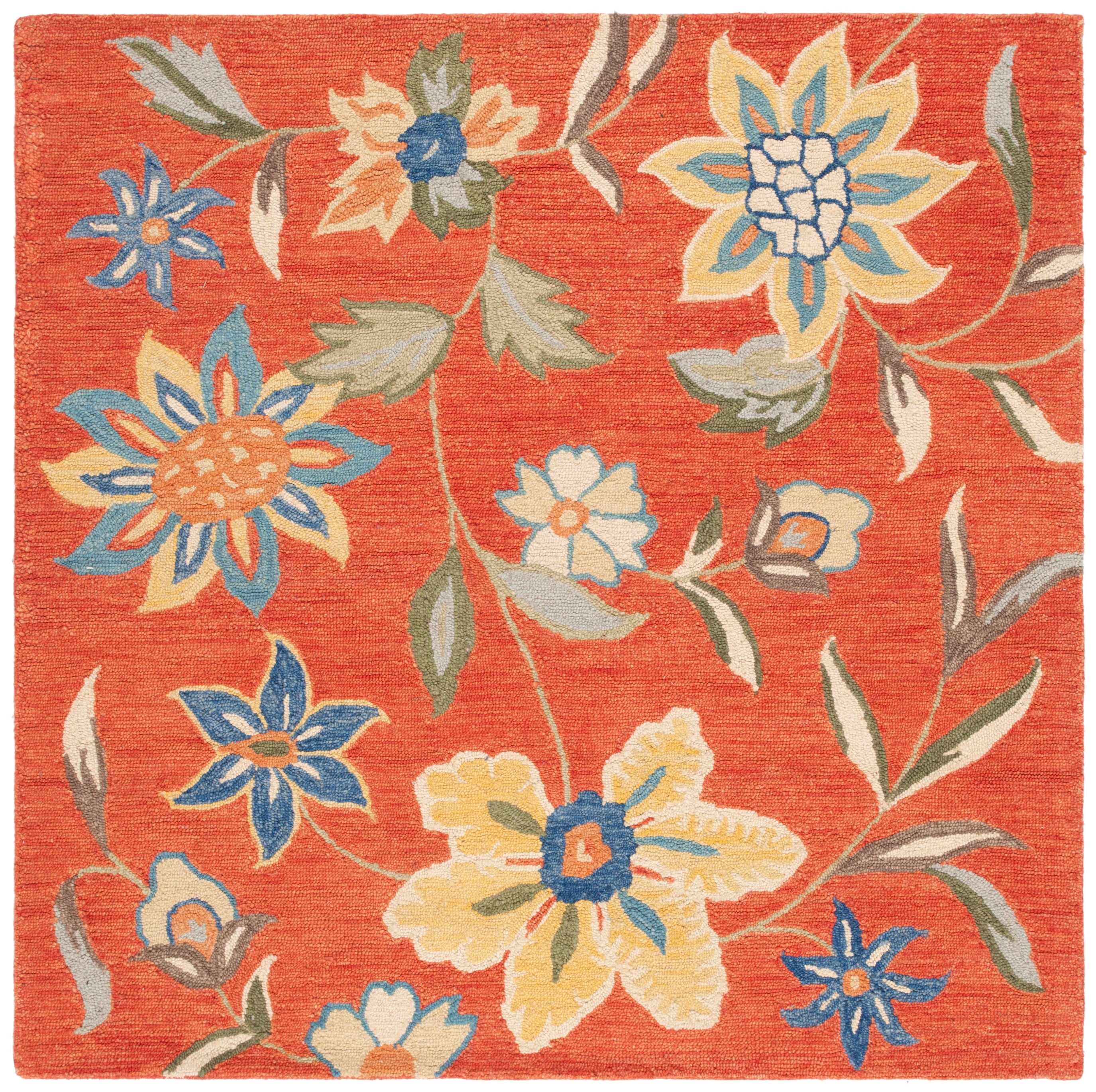 Red Floral Handmade Wool 6' x 6' Square Rug