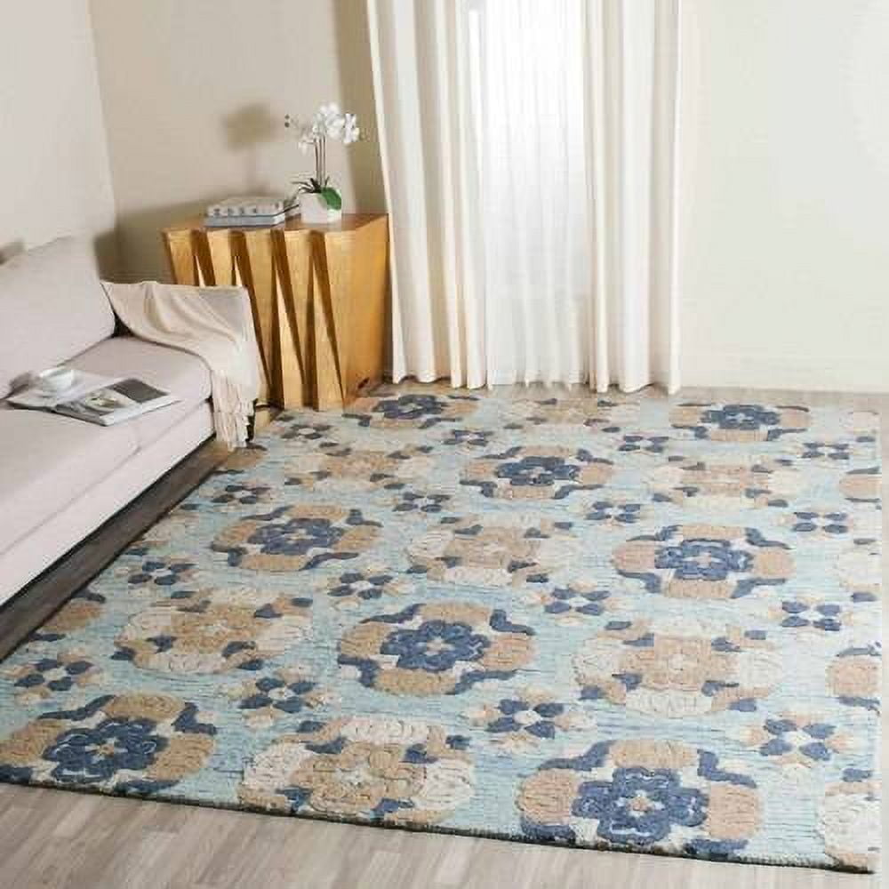 Handmade Tufted Blossom Blue Wool Rectangular Area Rug, 5' x 8'