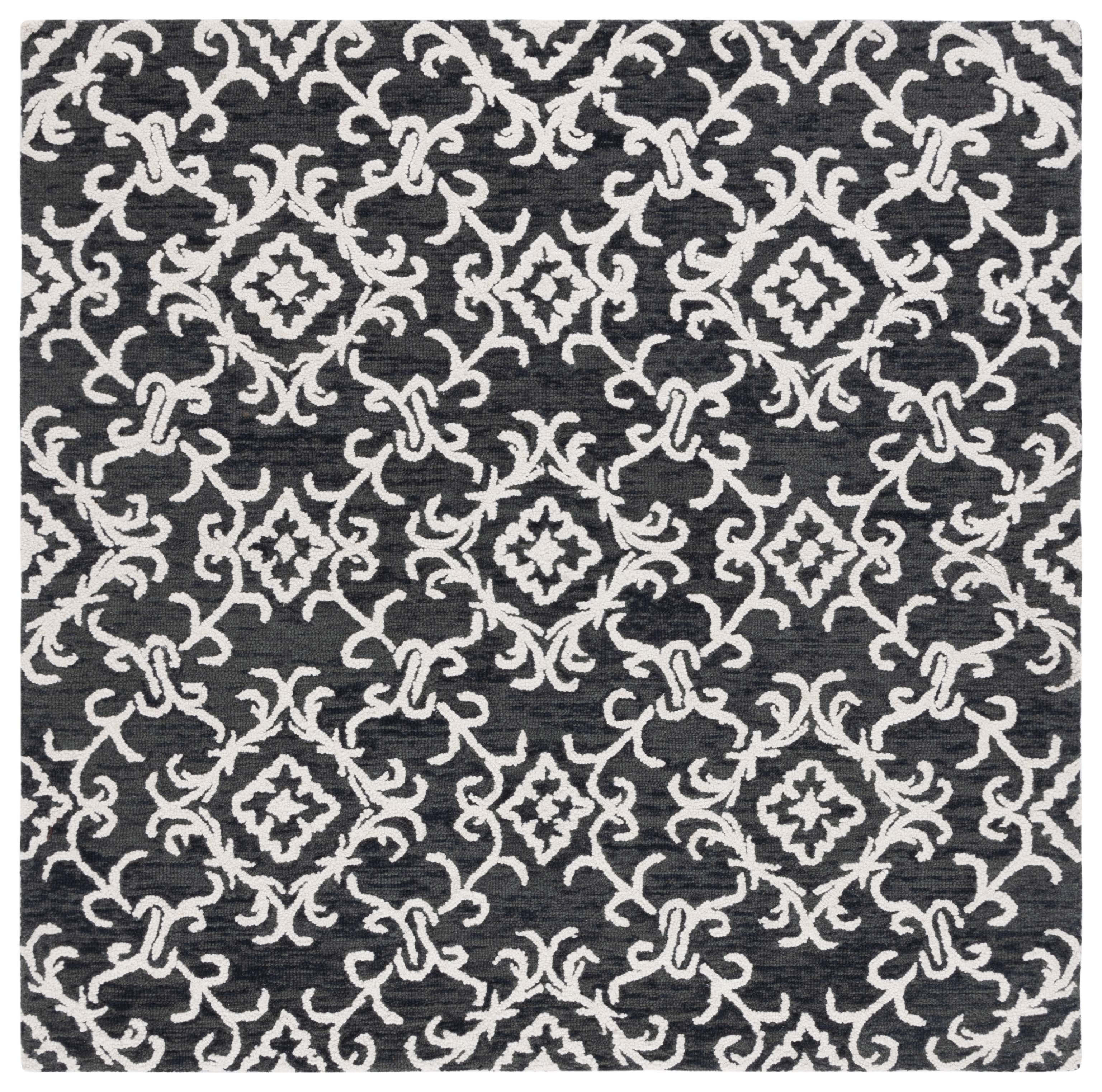 Handmade Black and White Floral Wool Square Area Rug, 6' x 6'