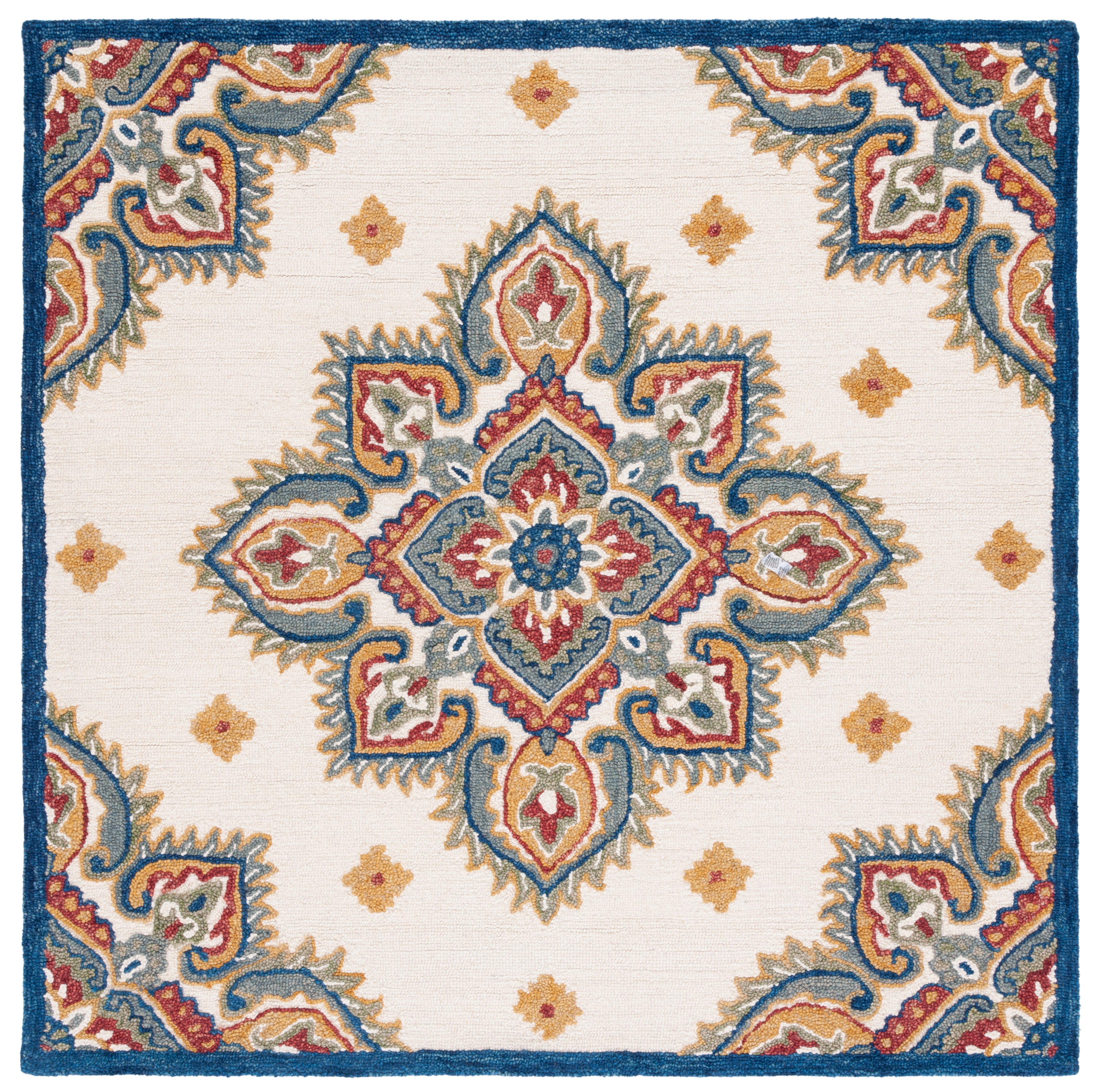Ivory Elegance Hand-Tufted Wool Square Rug in Ivory & Green - 6'x6'