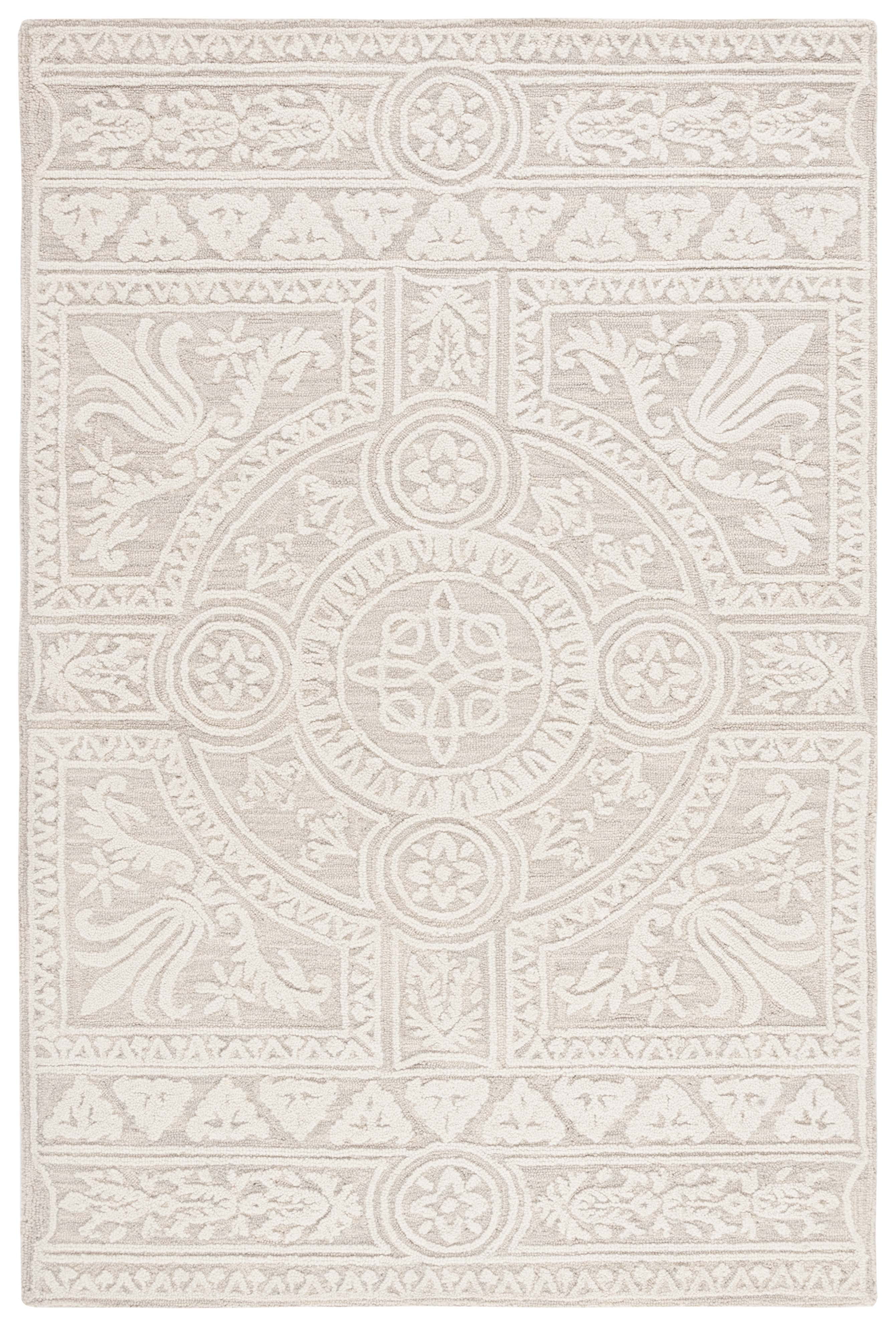 Light Gray and Ivory Wool Floral Rectangular Rug
