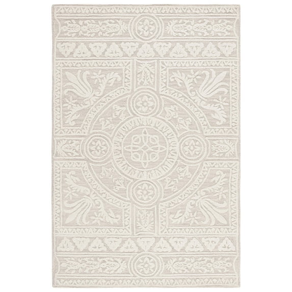SAFAVIEH Blossom Roy Mediallion Wool Area Rug, Light Grey/Ivory, 5' x 8'