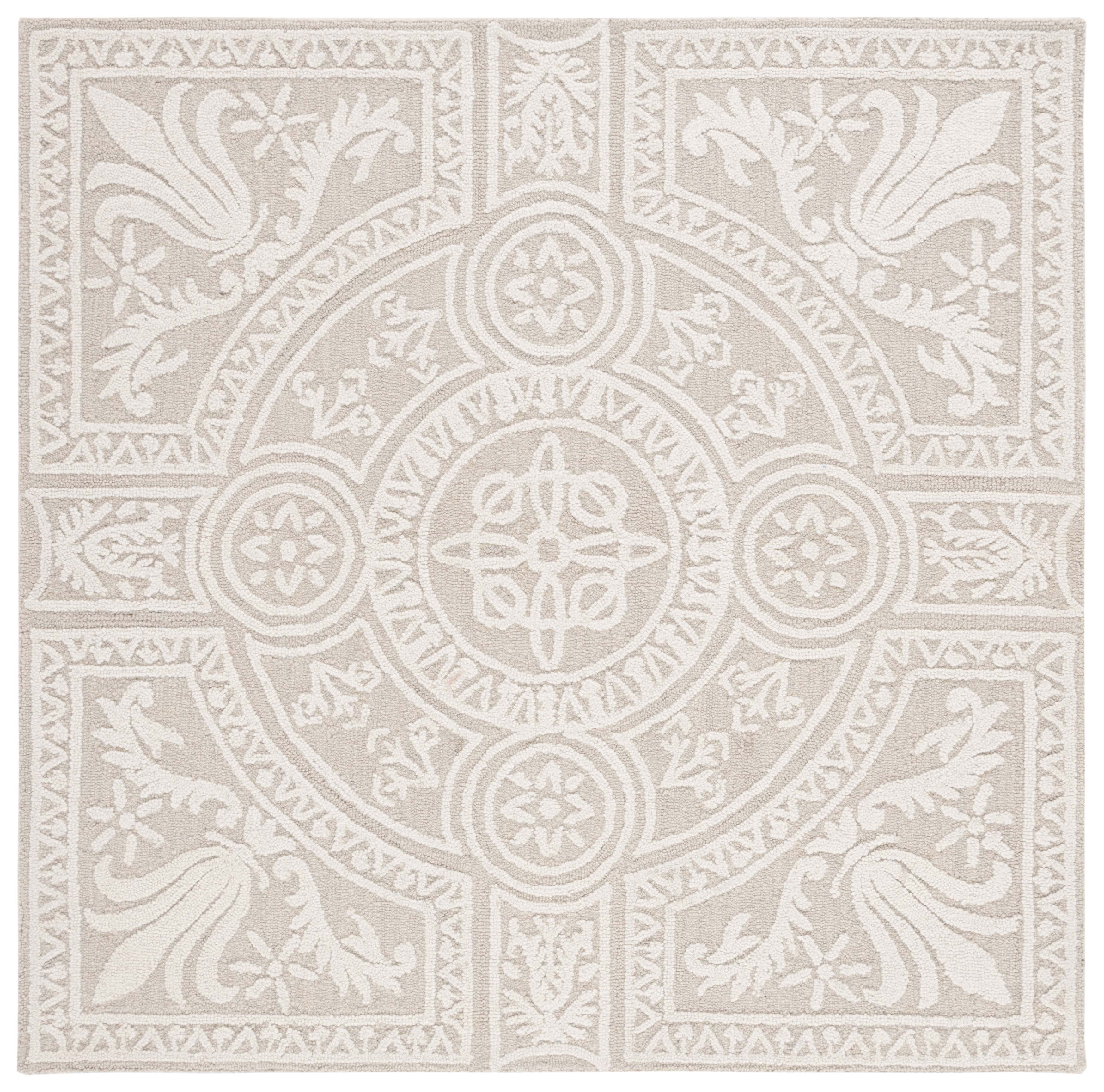 Ivory and Light Grey Floral Wool Tufted Square Rug