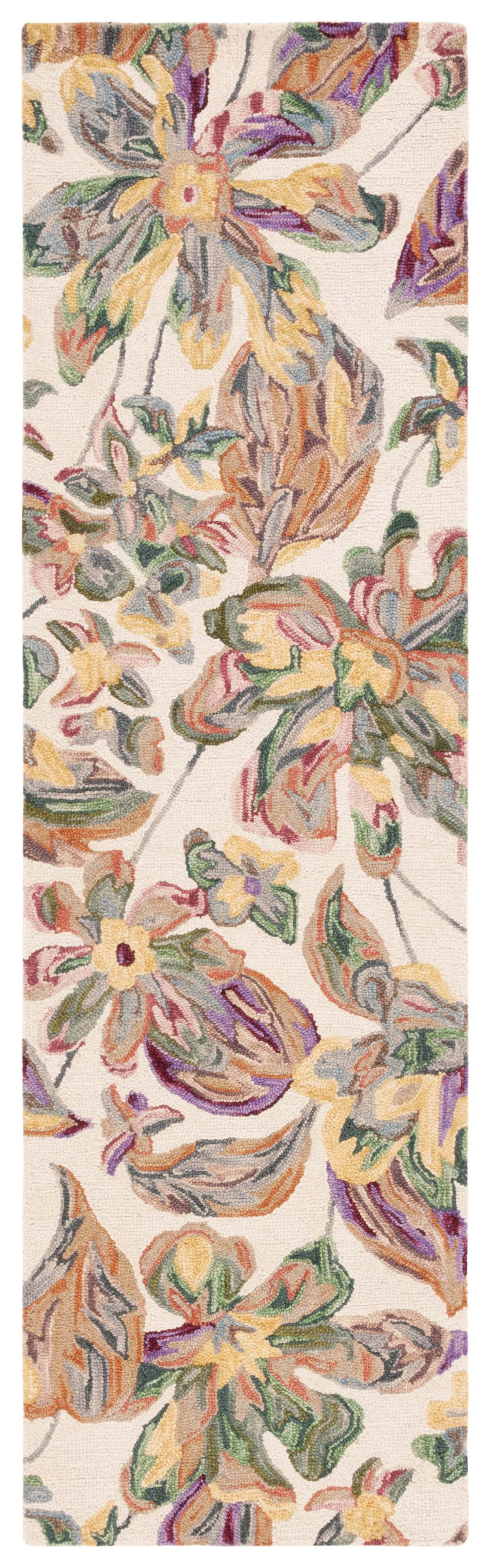 Ivory and Plum Floral Wool Runner Rug, 2'3" x 8'