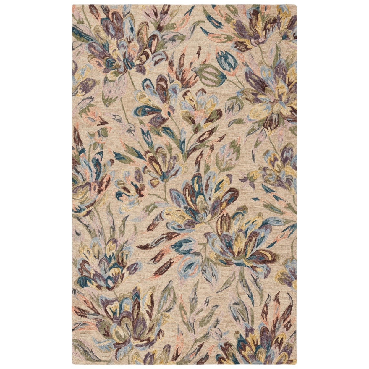 Beige and Purple Floral Wool 8' x 10' Tufted Area Rug