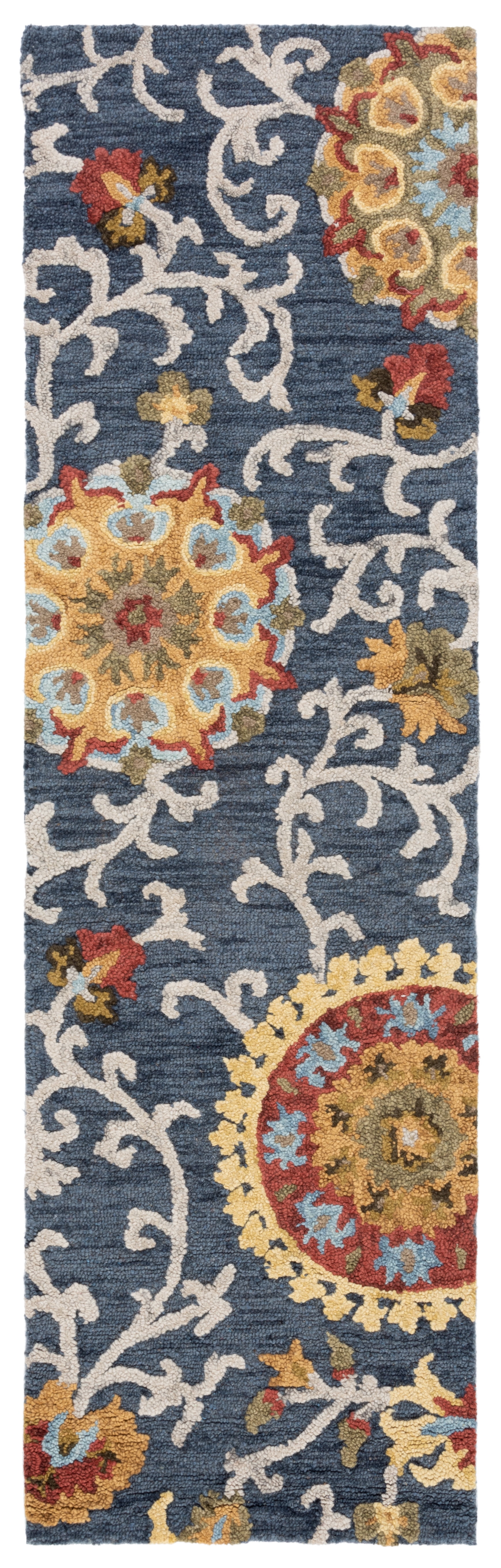 Handmade Red and Navy Floral Wool Runner Rug, 2'3" x 8'