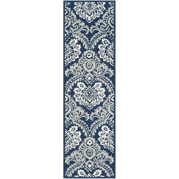 SAFAVIEH Blossom Travis Damask Runner Rug, Navy/Ivory, 2'3" x 10'