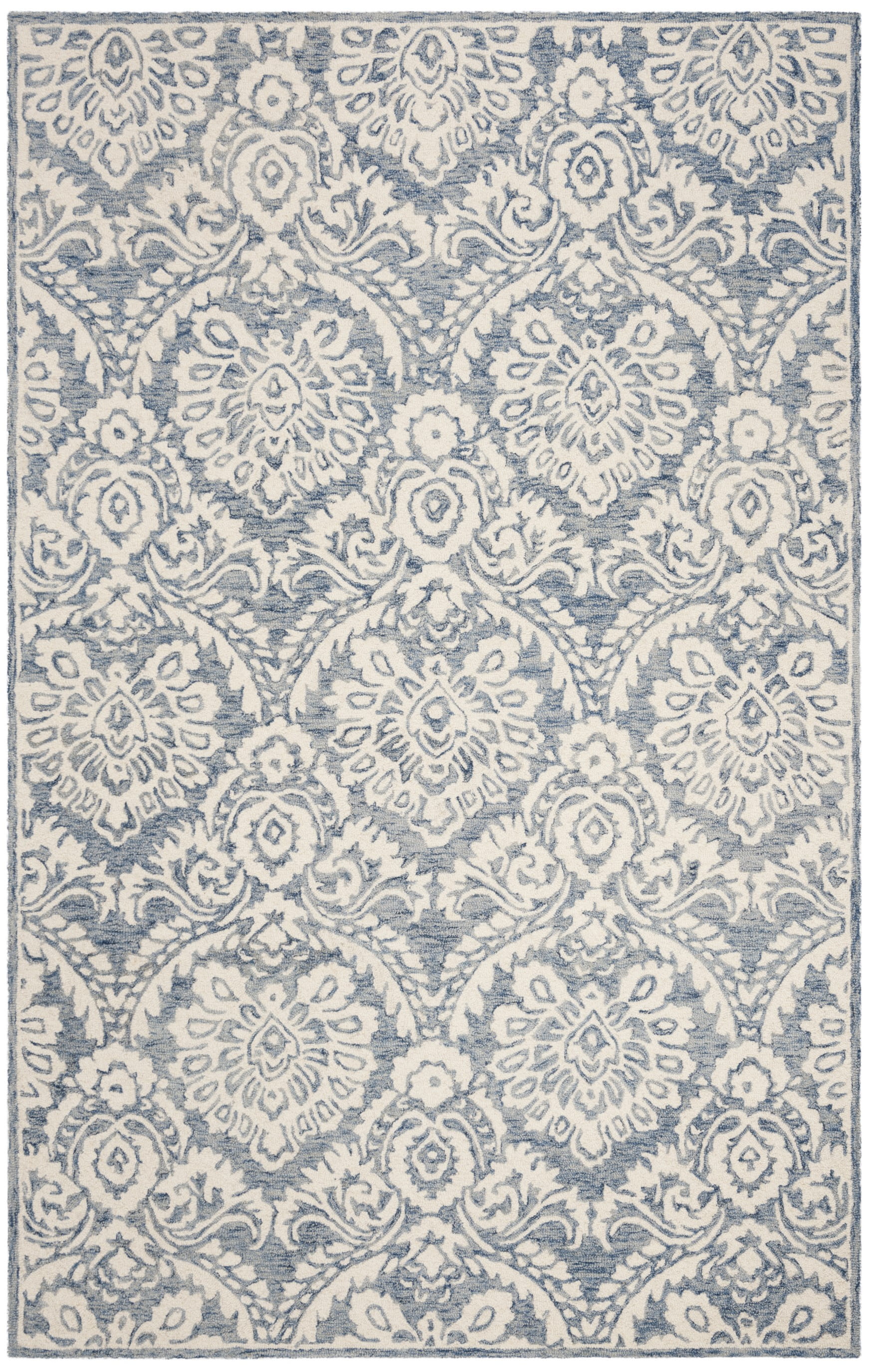 Ivory and Blue Floral Tufted Wool Rectangular Rug, 5' x 8'