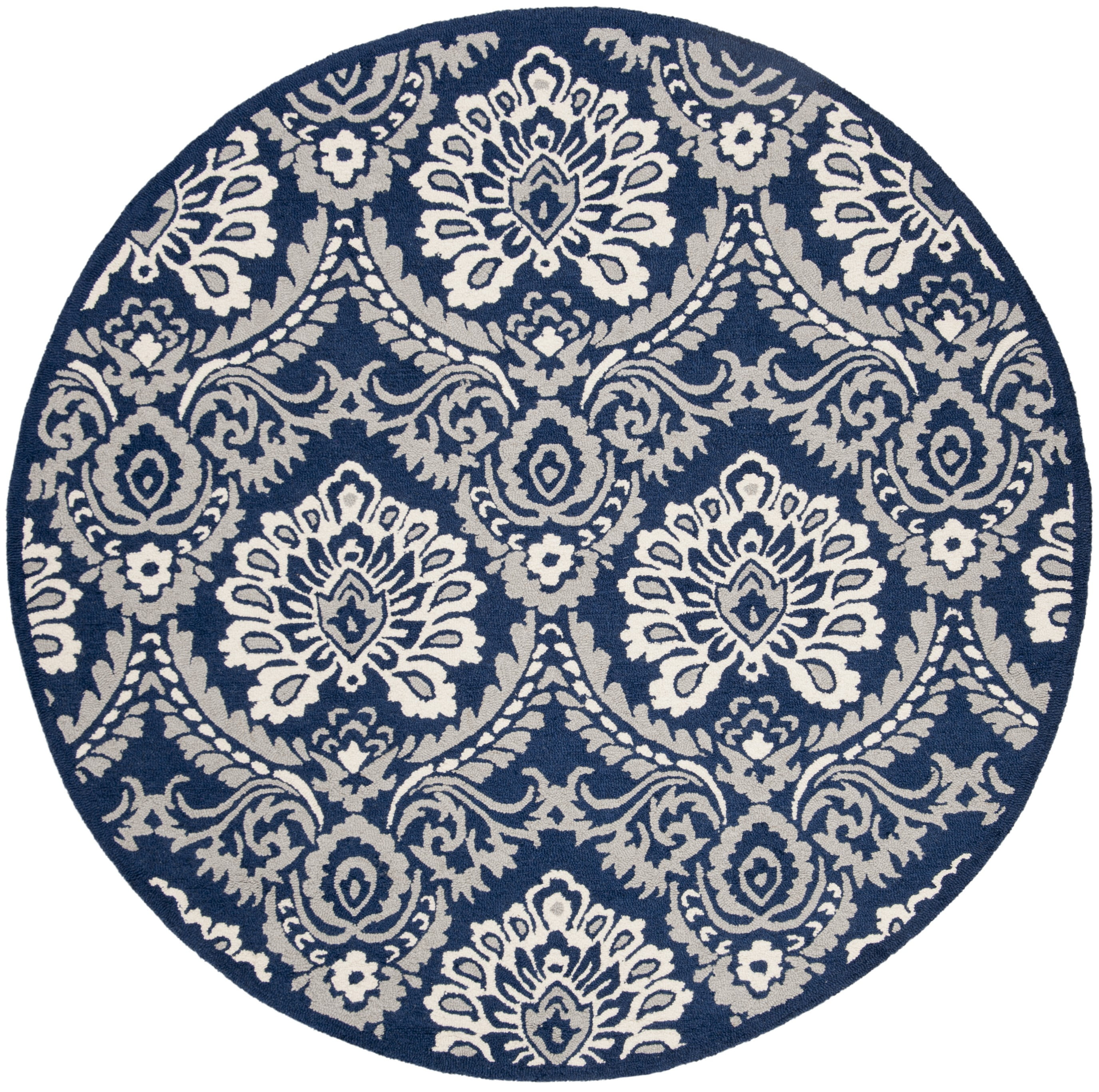 Hand-Tufted Navy/Ivory Floral Wool Round Rug, 6' Diameter