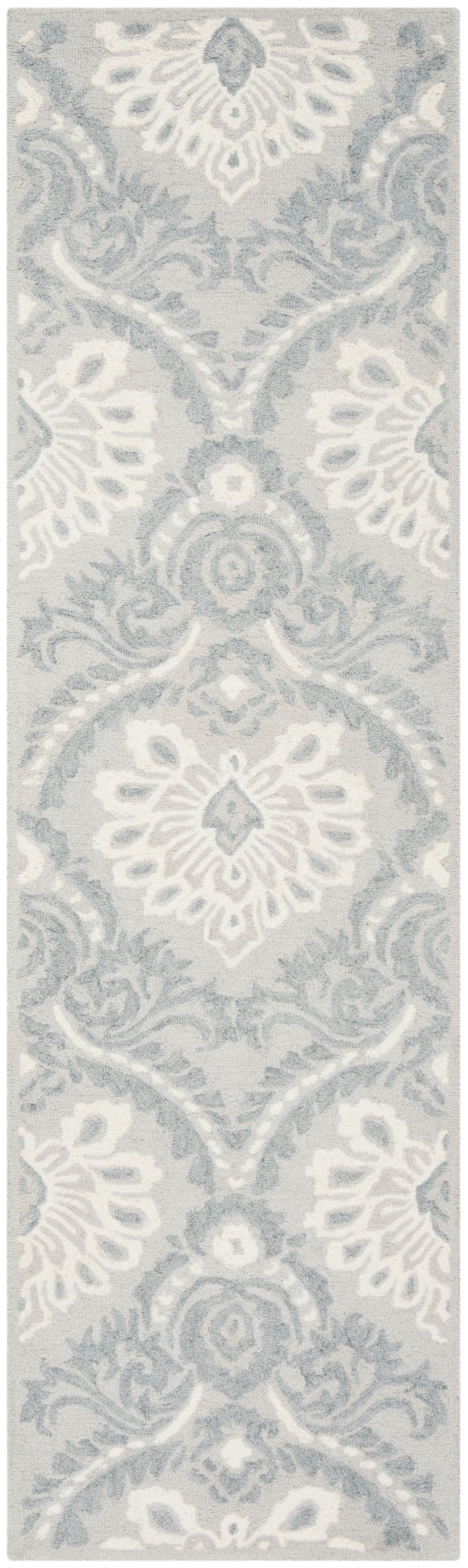 Handmade Light Grey and Ivory Wool Floral Runner Rug