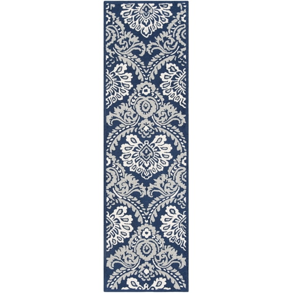 SAFAVIEH Blossom Travis Damask Wool Runner Rug, Navy/Ivory, 2'3" x 8'