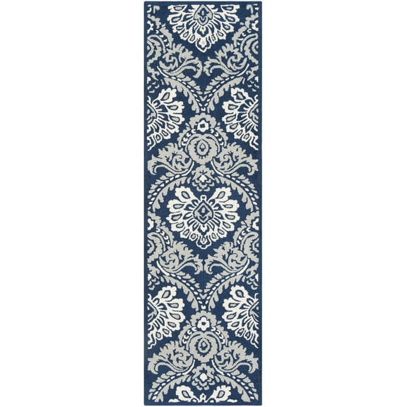 SAFAVIEH Blossom Travis Damask Wool Runner Rug, Navy/Ivory, 2'3" x 8'