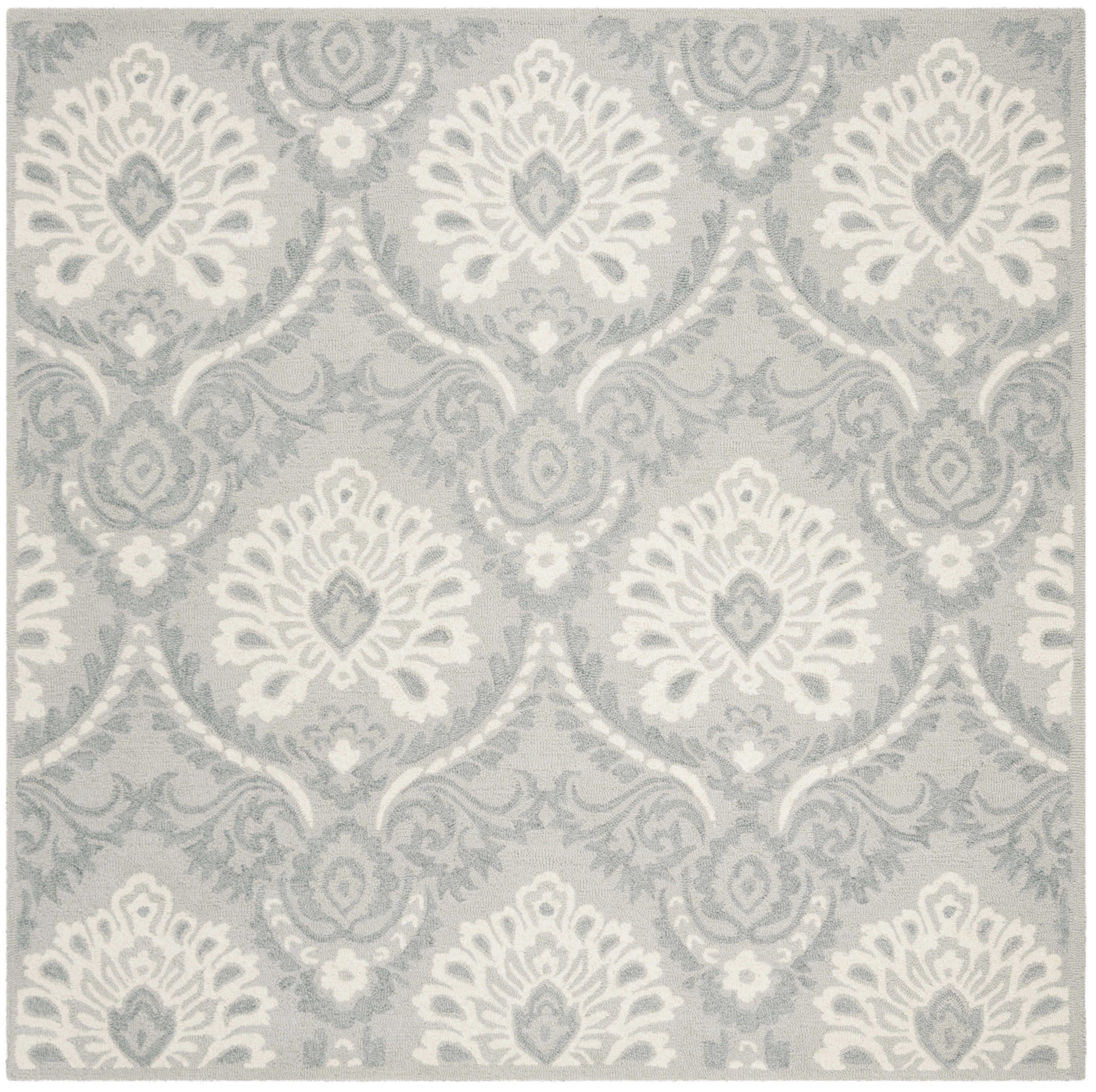 SAFAVIEH Blossom Travis Damask Wool Area Rug, Light Grey/Ivory, 6' x 6' Square