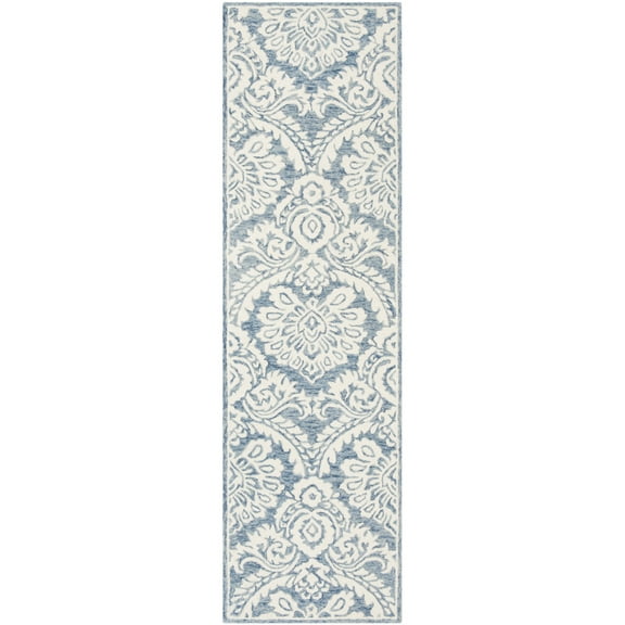 SAFAVIEH Blossom Travis Geometric Wool Runner Rug, Blue/Ivory, 2'3" x 14'