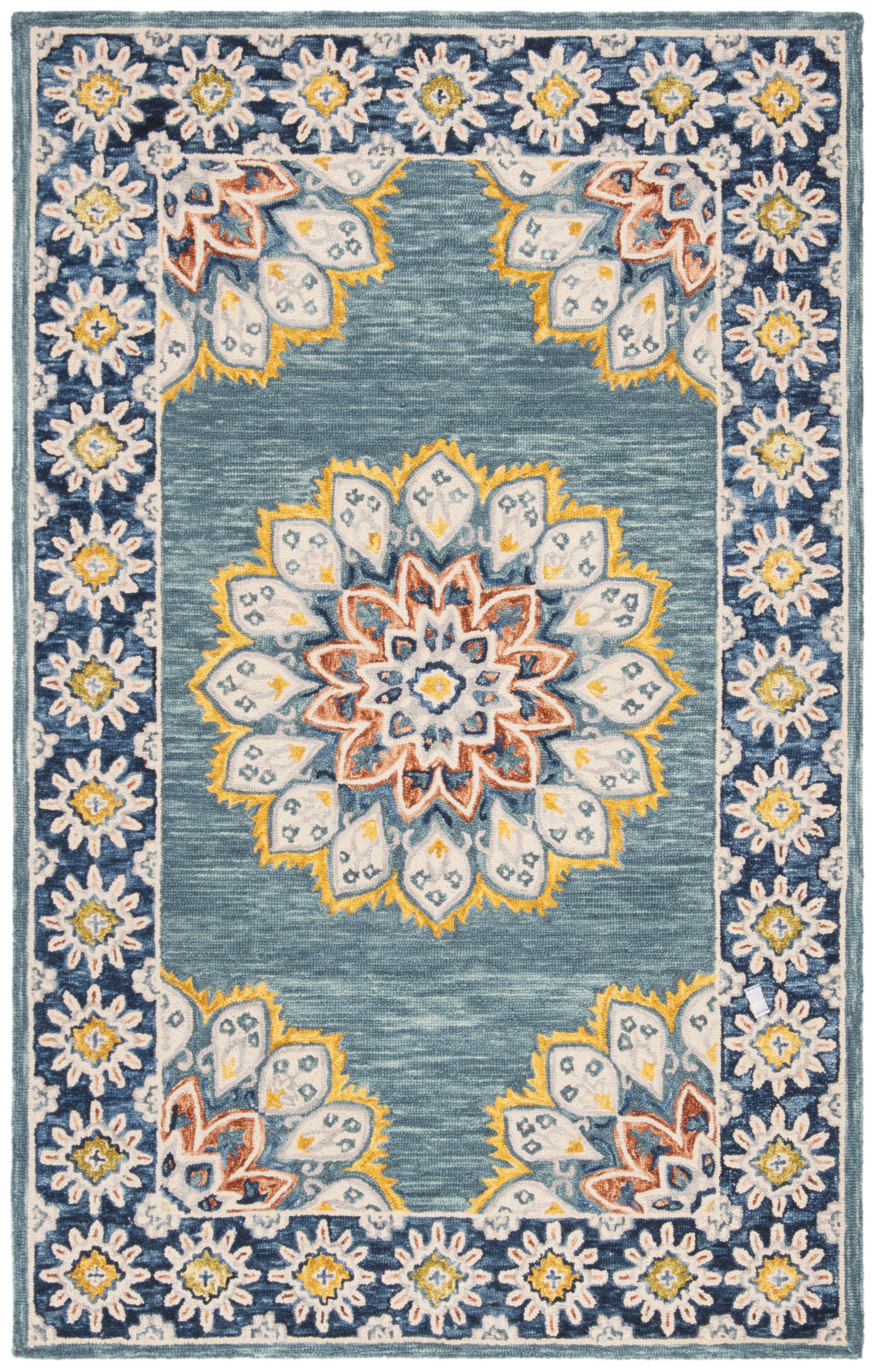 Handmade Floral Tufted Wool Area Rug, Blue and Gold, 4' x 6'