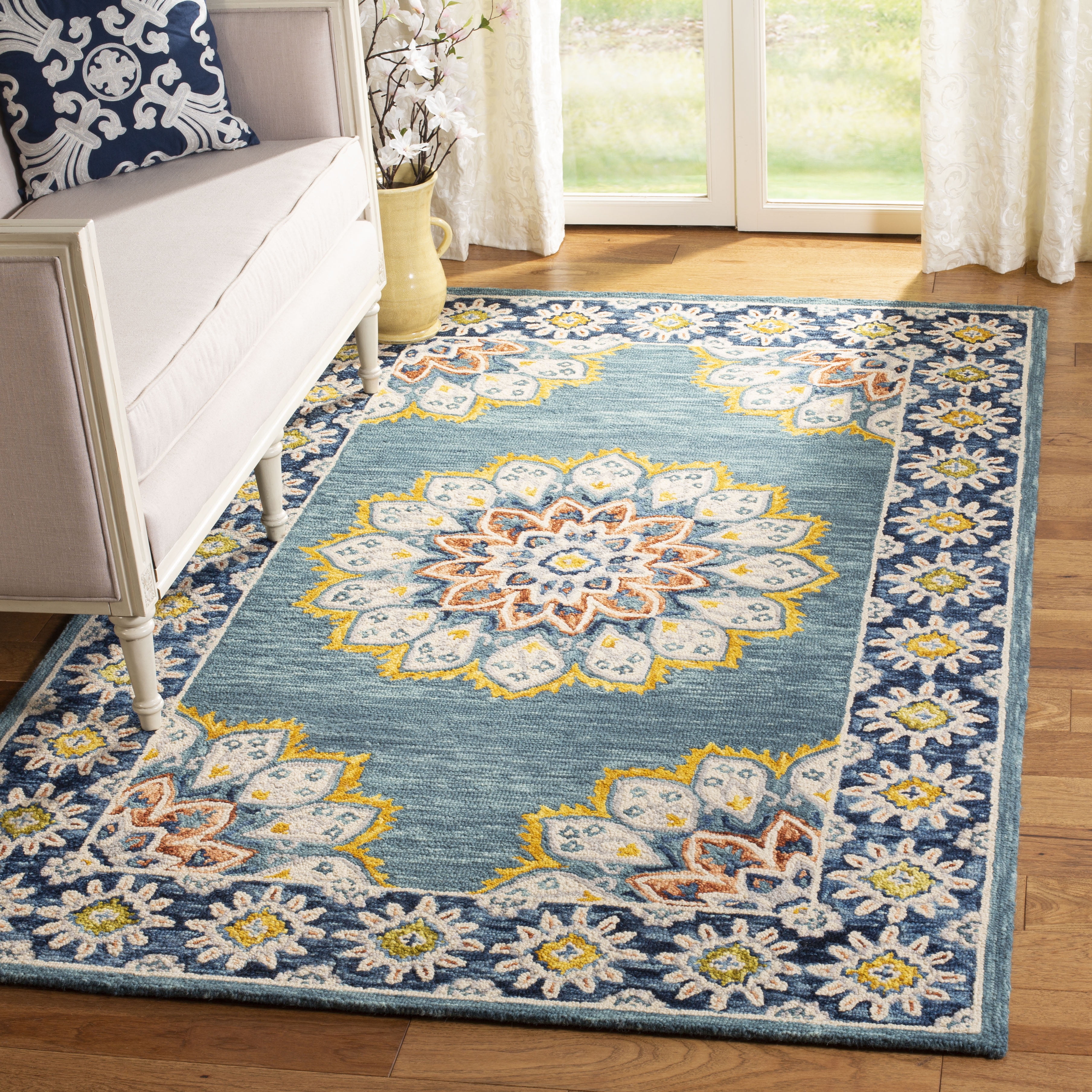 Handmade Blossom Blue and Gold Wool Tufted Square Rug, 6' x 6'