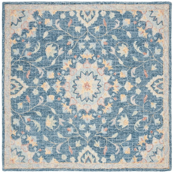 SAFAVIEH Blossom Vithya Floral Bordered Wool Area Rug, Navy/Multi, 6' x 6' Square