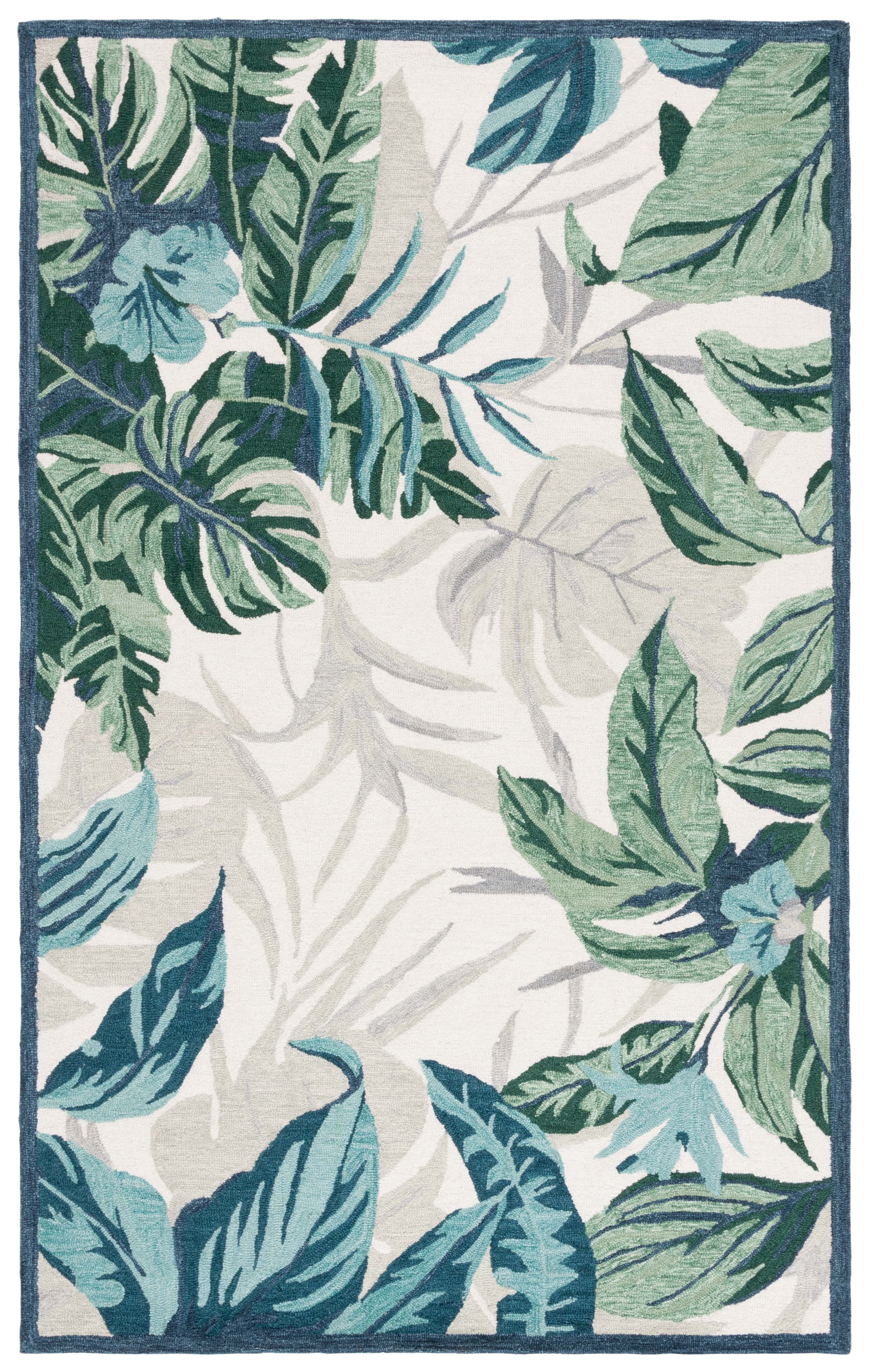 Hand-Tufted Ivory and Green Floral Wool Area Rug, 5' x 8'