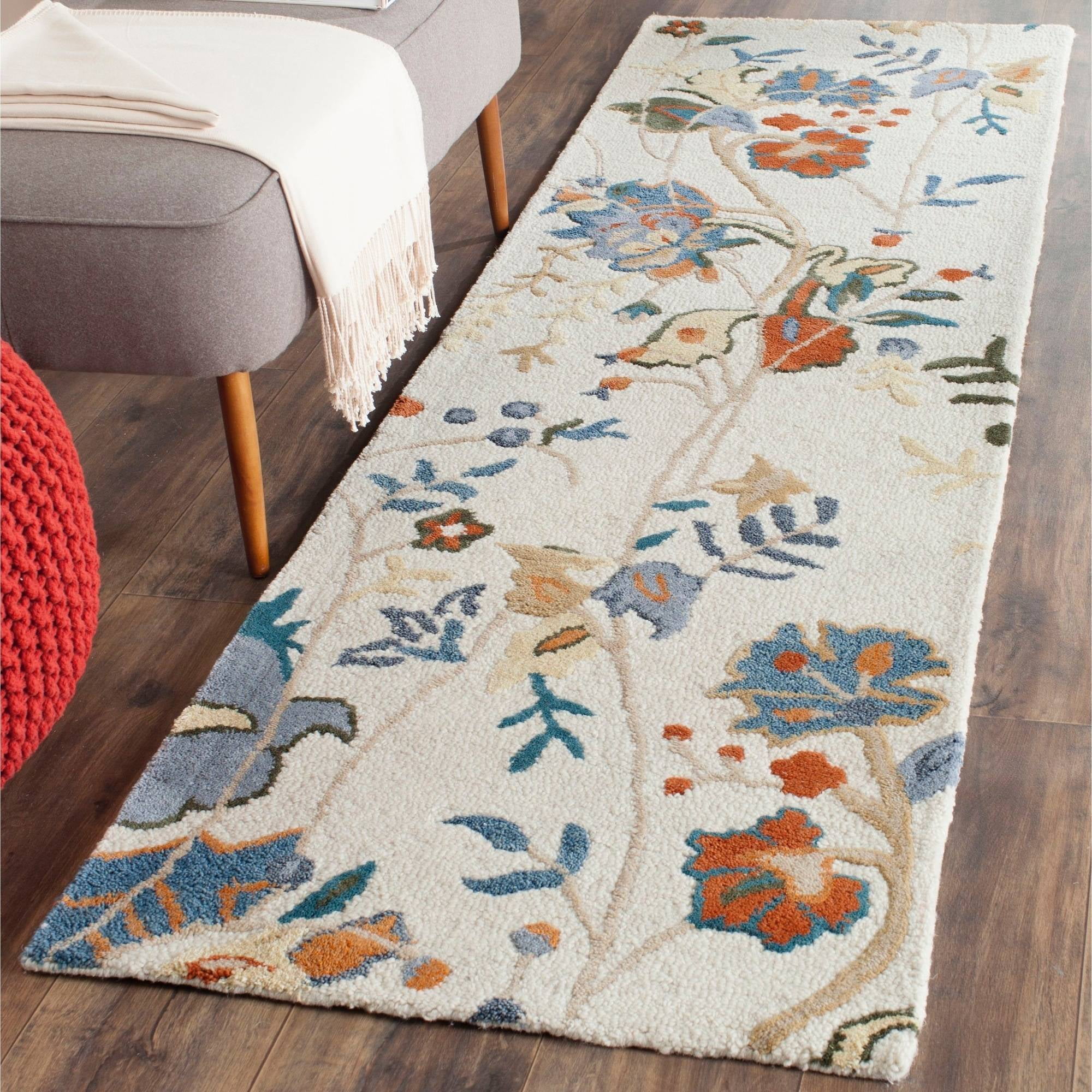 Blossom Ivory Blue Floral Hand-Tufted Wool Runner Rug