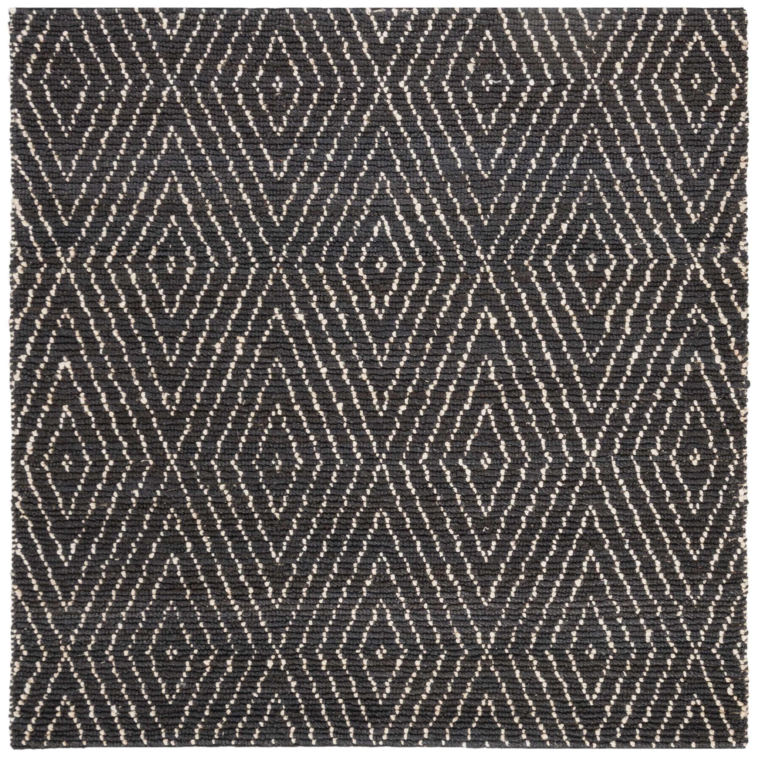 Black and Ivory Hand-Knotted Wool Geometric Square Rug
