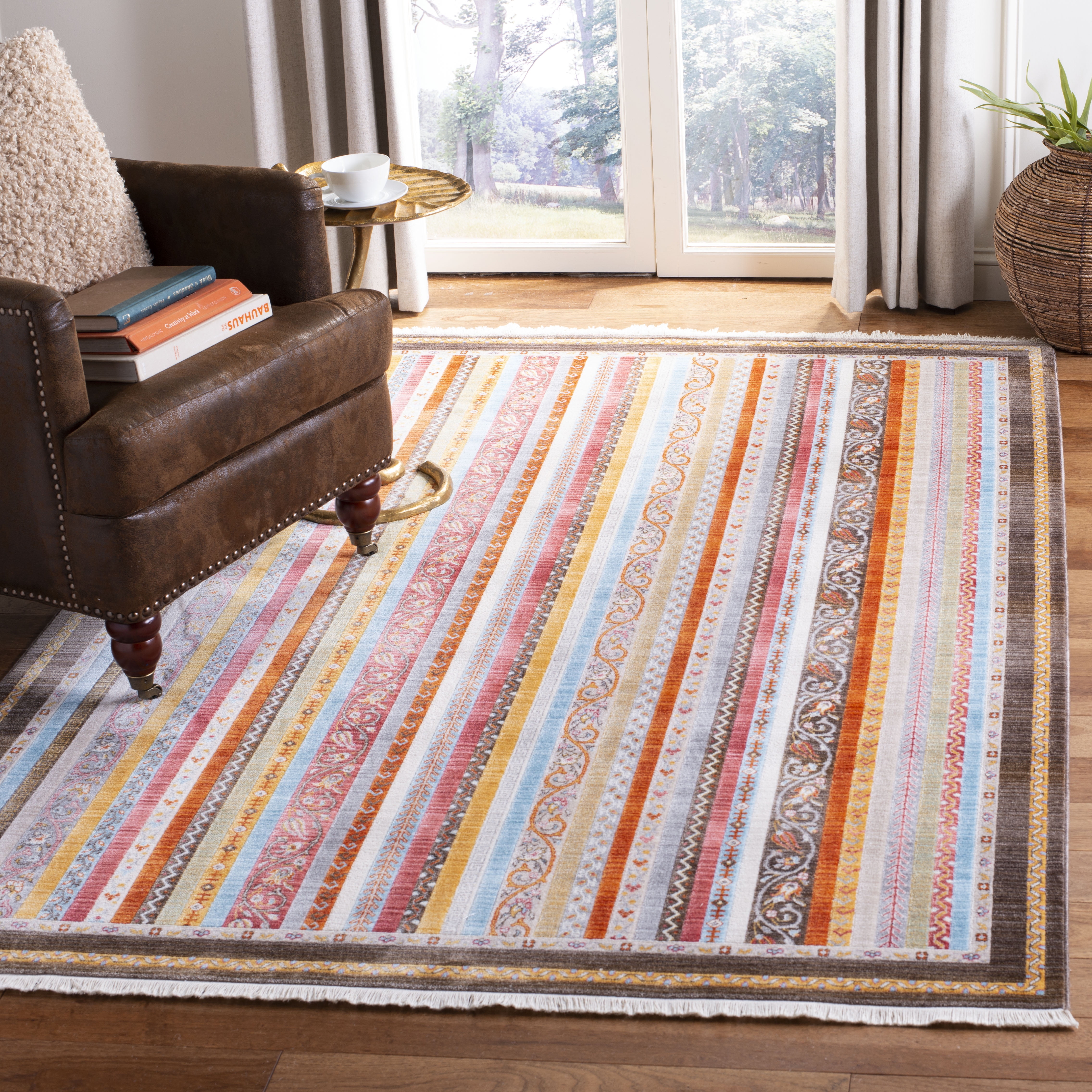 SAFAVIEH Bokhara Rosanne Striped Polyester Area Rug, Brown/Yellow, 4' x 6'
