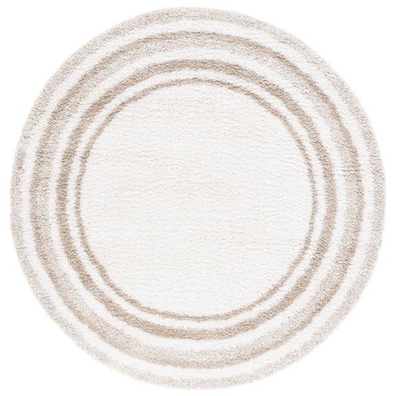 SAFAVIEH Border & Stripe Hyram Bordered Shag Area Rug, Ivory/Beige, 6'7" x 6'7" Round