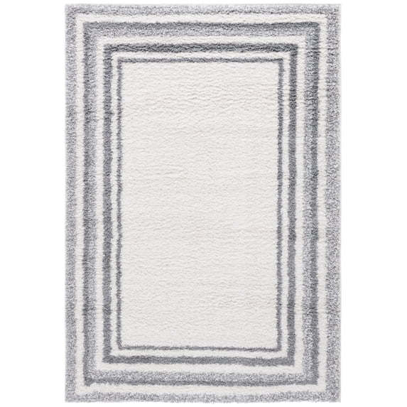 SAFAVIEH Border & Stripe Hyram Bordered Shag Area Rug, Ivory/Grey, 5'3" x 7'6"