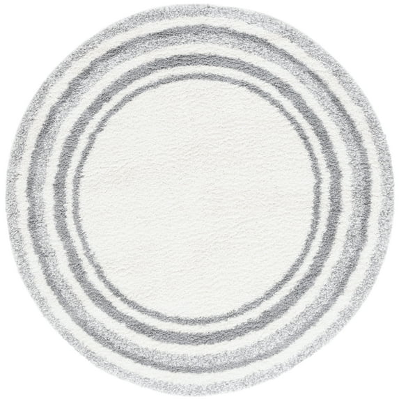 SAFAVIEH Border & Stripe Hyram Bordered Shag Area Rug, Ivory/Grey, 6'7" x 6'7" Round